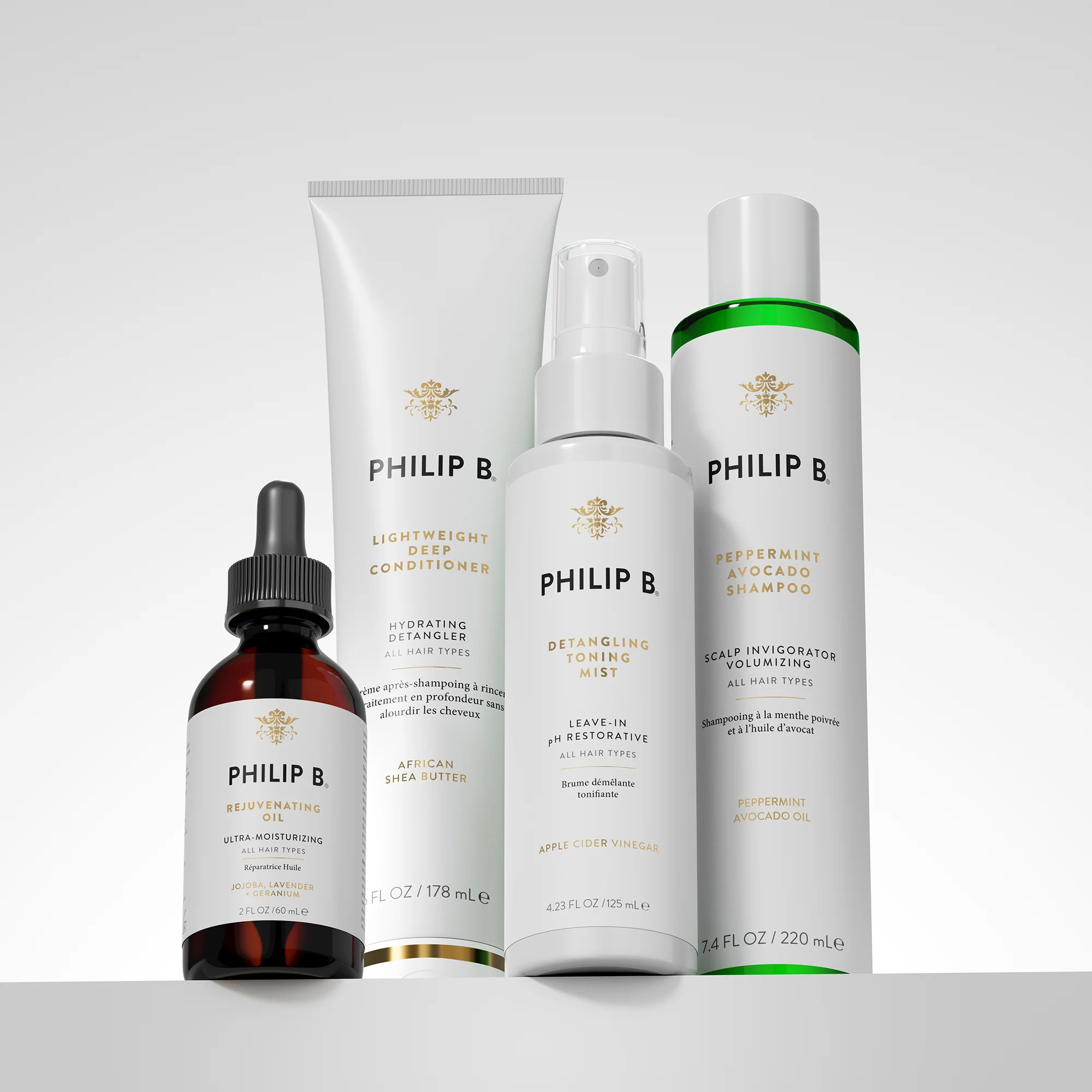 Philip B. Products in front of a white background. 