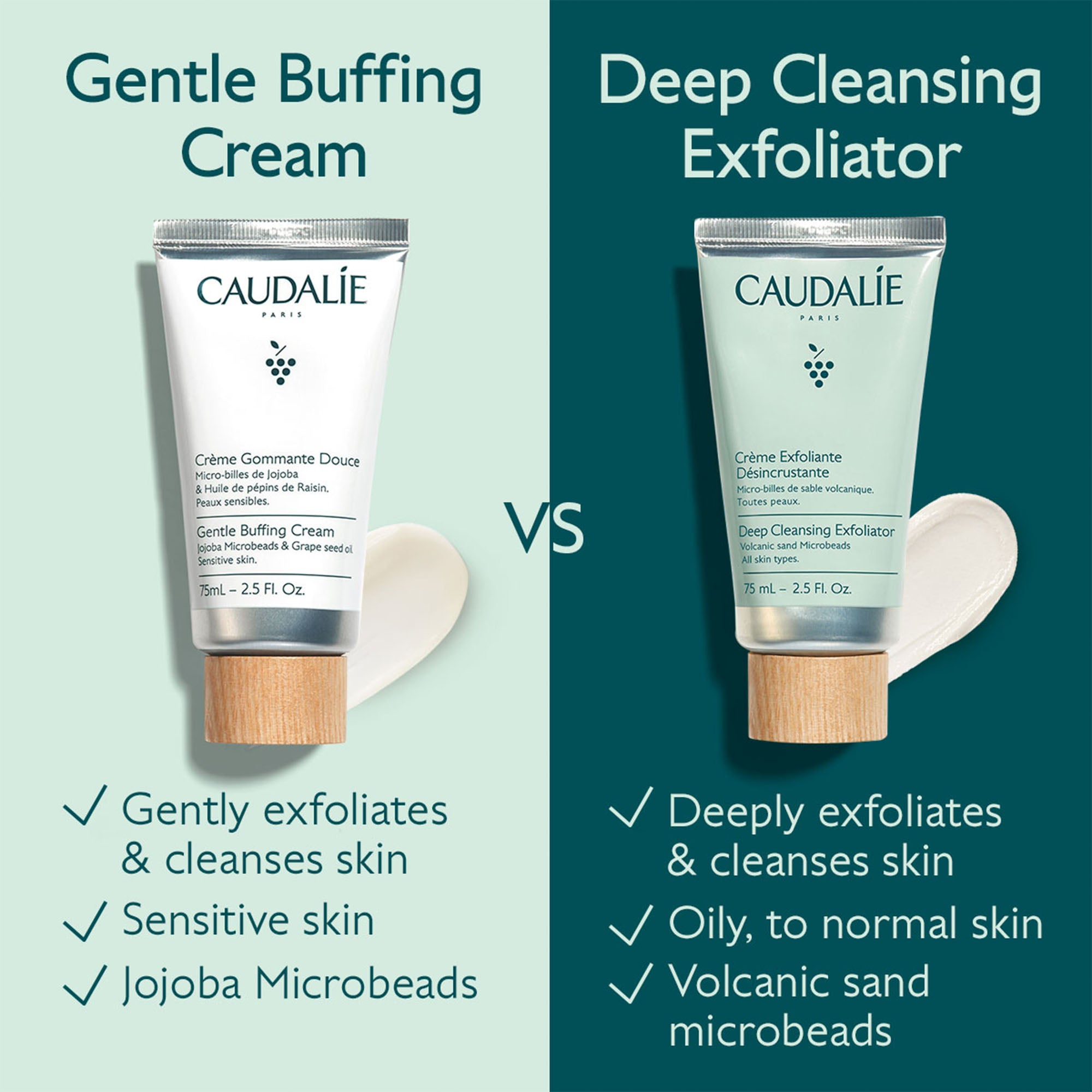 Two Caudélé skincare products with text describing their uses and benefits.