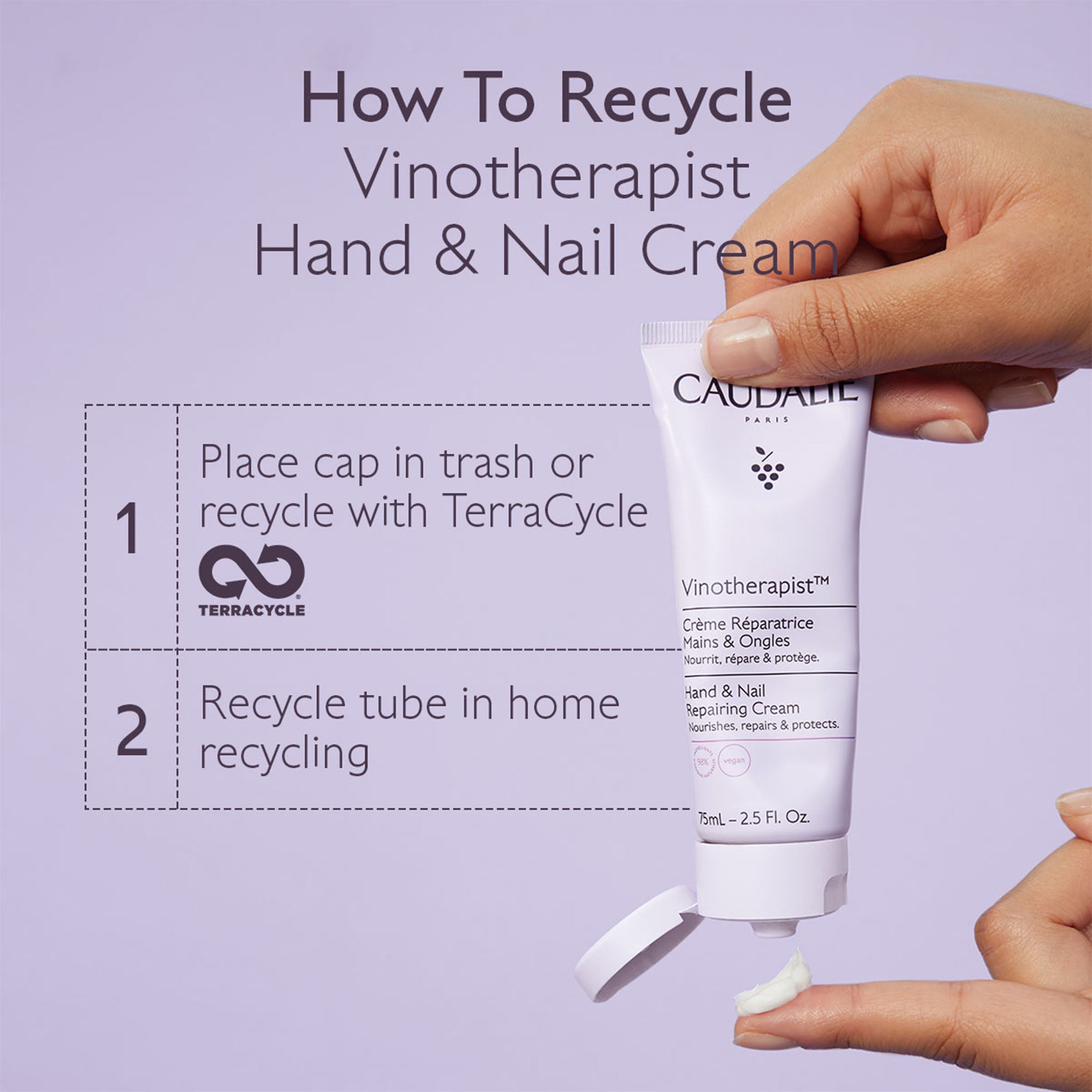 Caudalie Vinotherapist Hand & Nail Cream with recycling instructions on a purple background