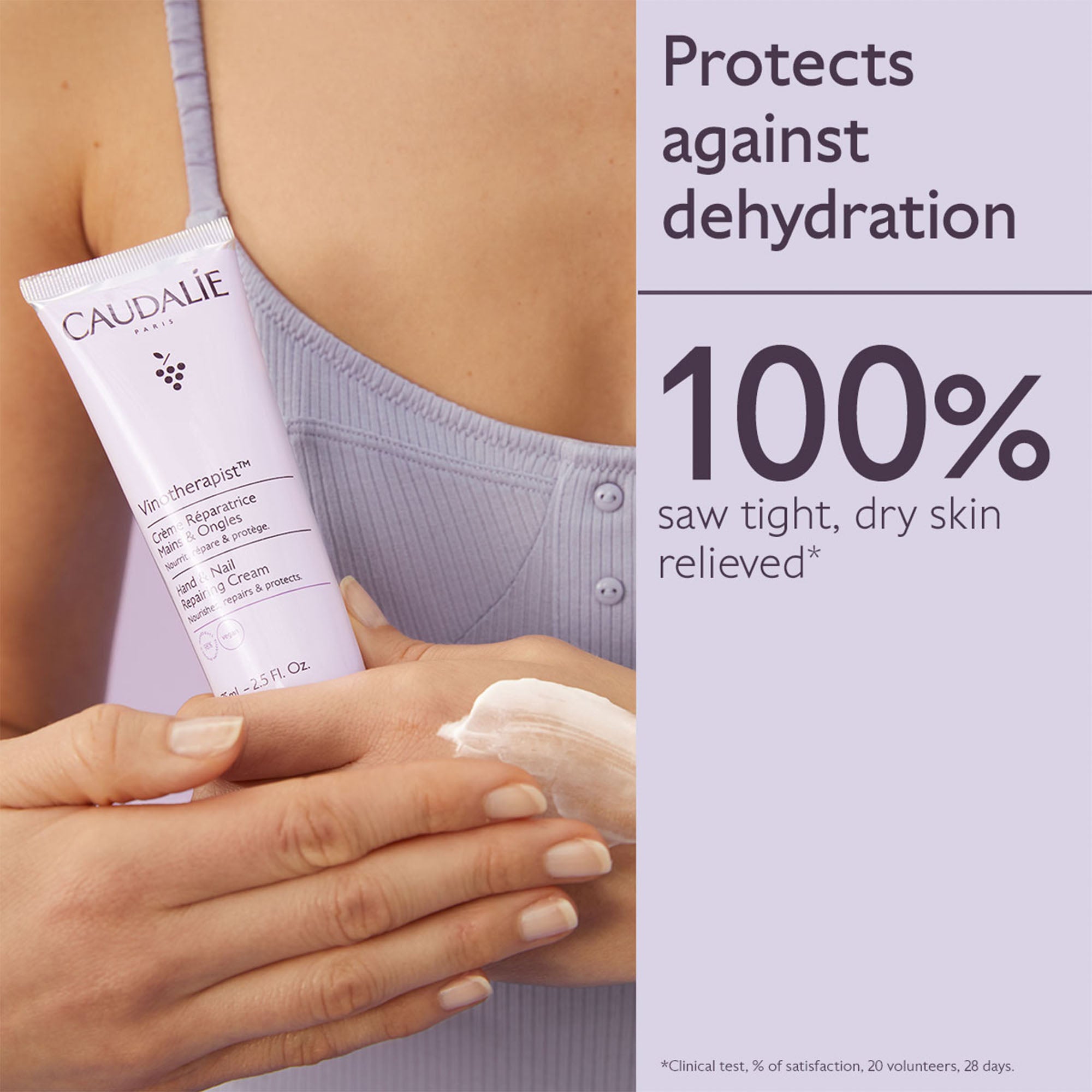 Person holding a Caudalie product with text about skin hydration