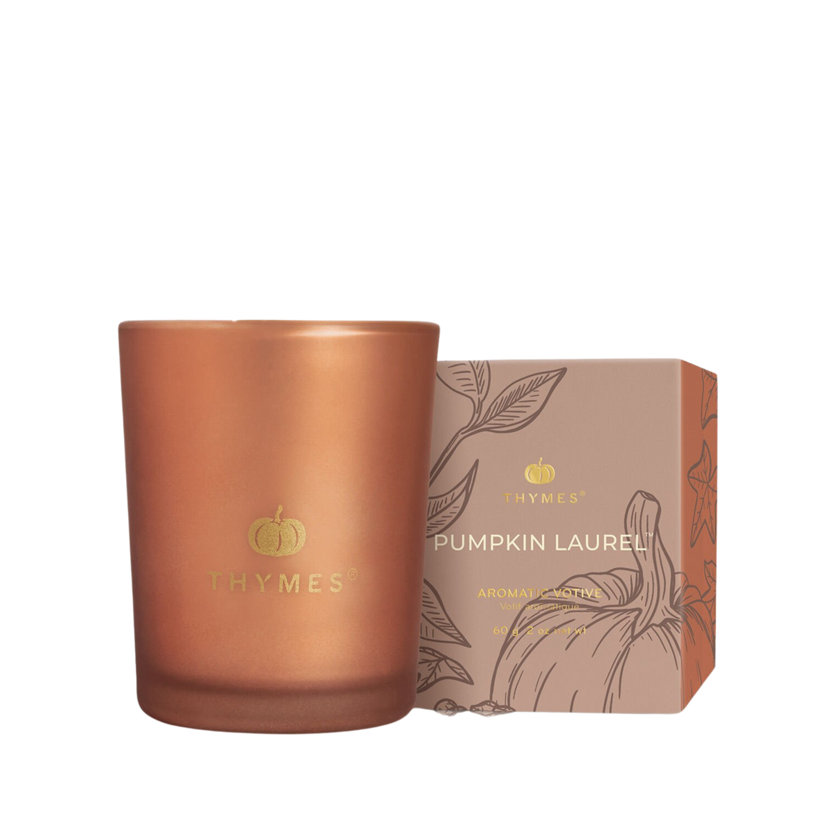 Bronze-colored candle with packaging labeled 'Pumpkin Laurel' on a white background