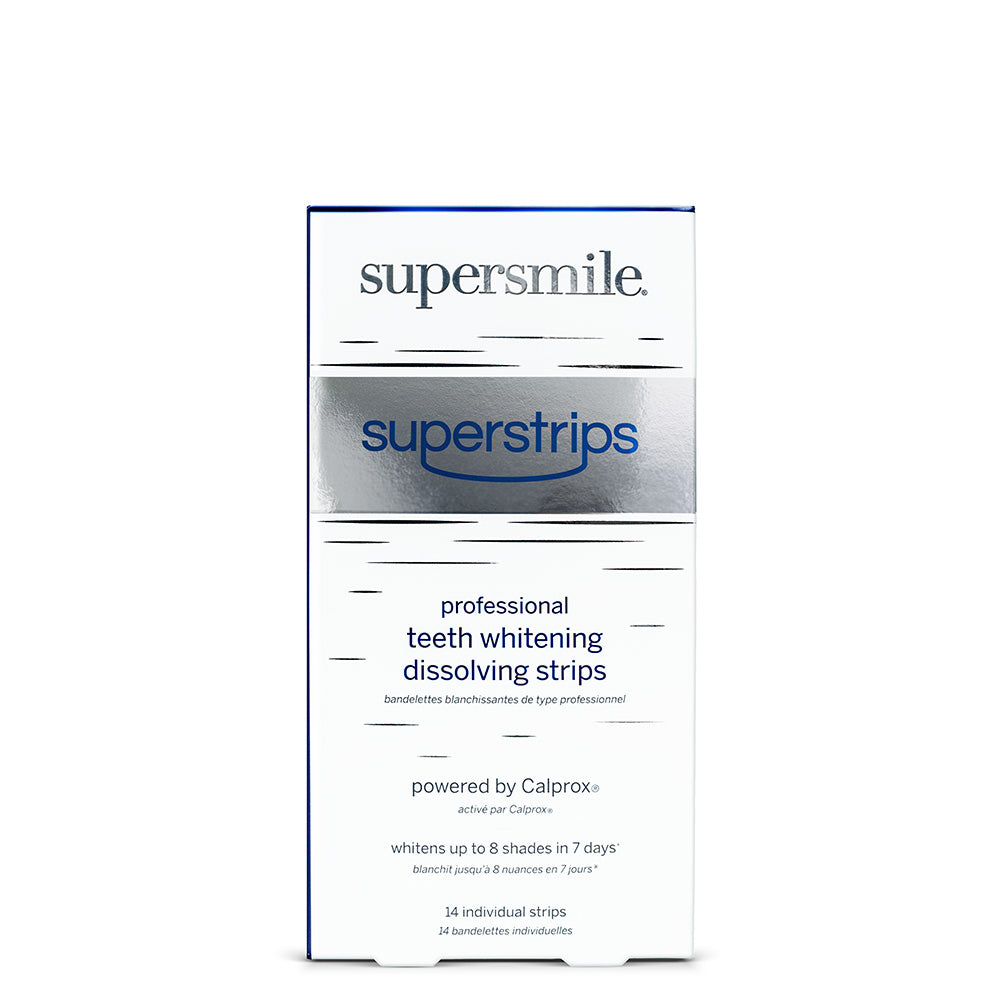 Box of Supersmile superstrips teeth whitening strips on a white background