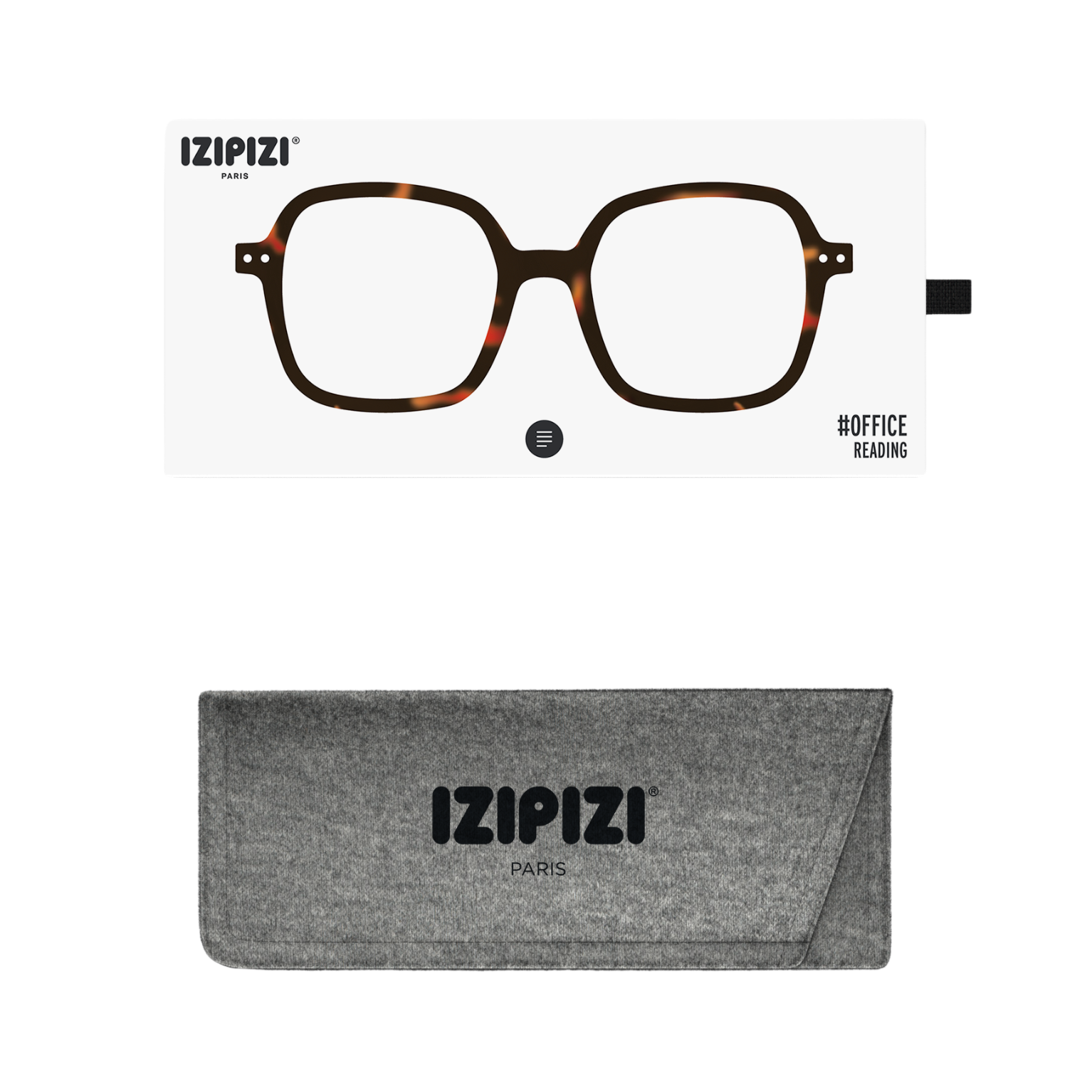Tortoiseshell glasses with gray case on white background, featuring IZIPIZI branding.