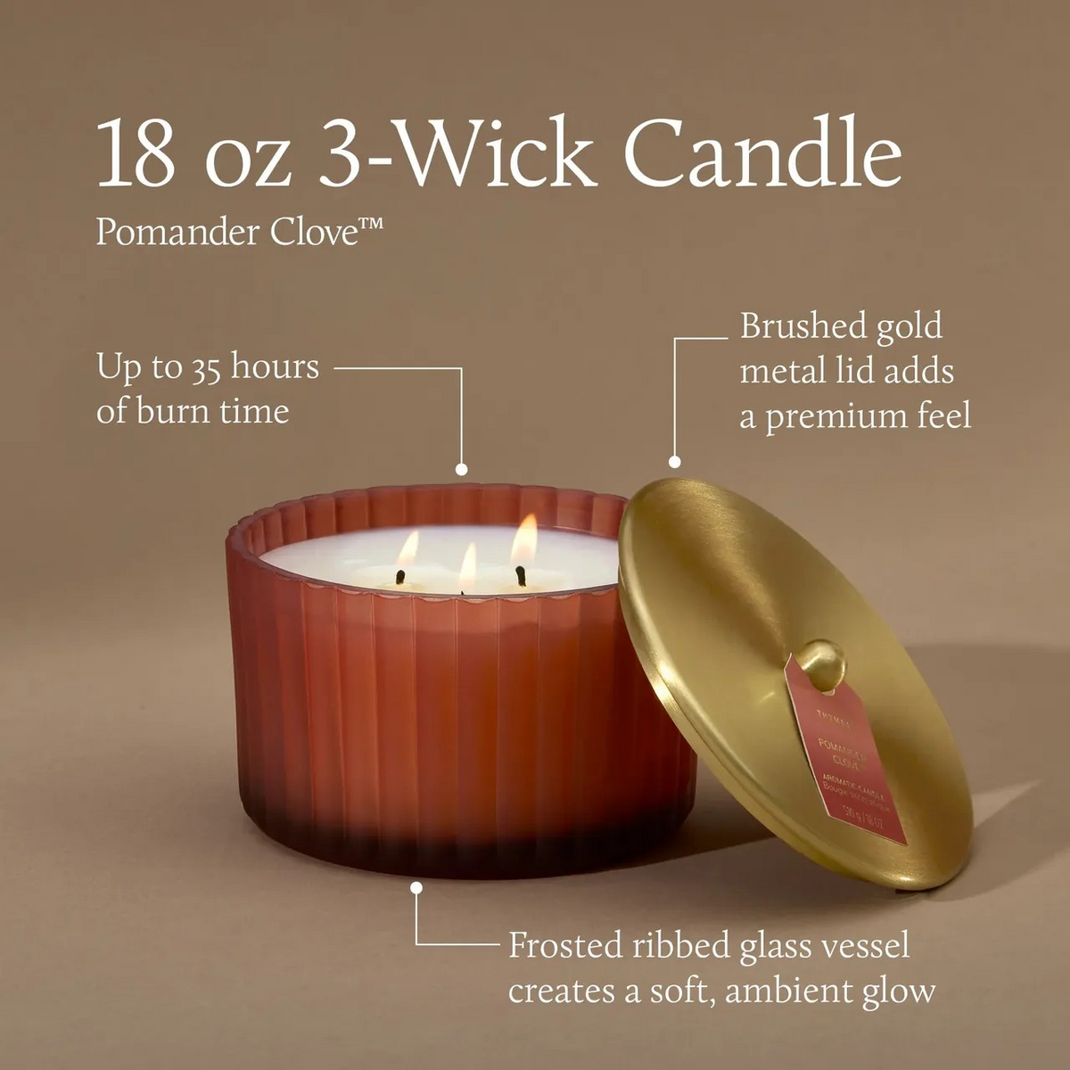 An 18 oz 3-wick candle in a ribbed amber glass vessel with its brushed gold lid leaning beside it on a warm taupe background. White text callouts describe the candle and its premium features, including up to 35 hours of burn time and a soft ambient glow.