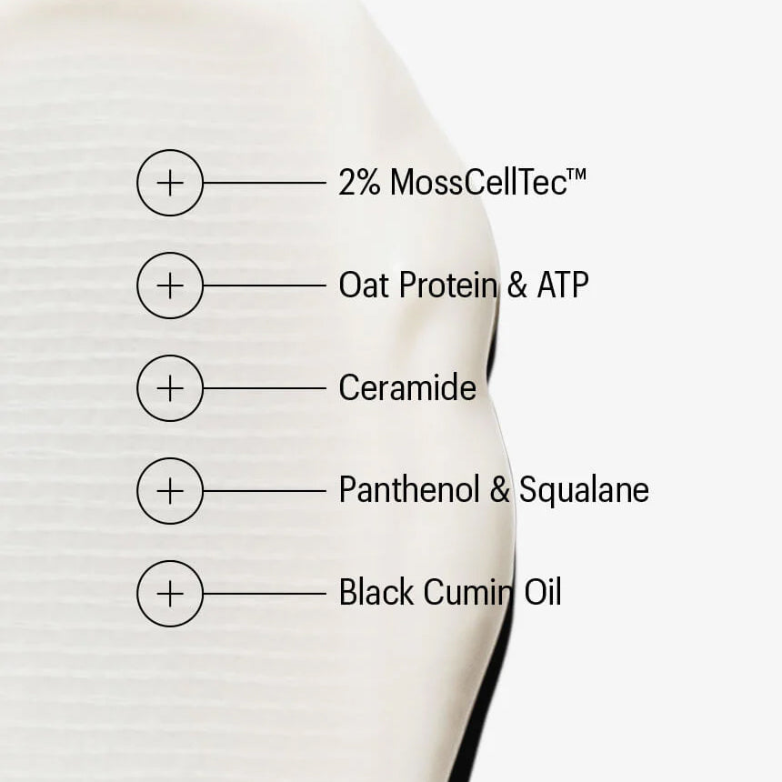 Product swatch with ingredients listed on a white background