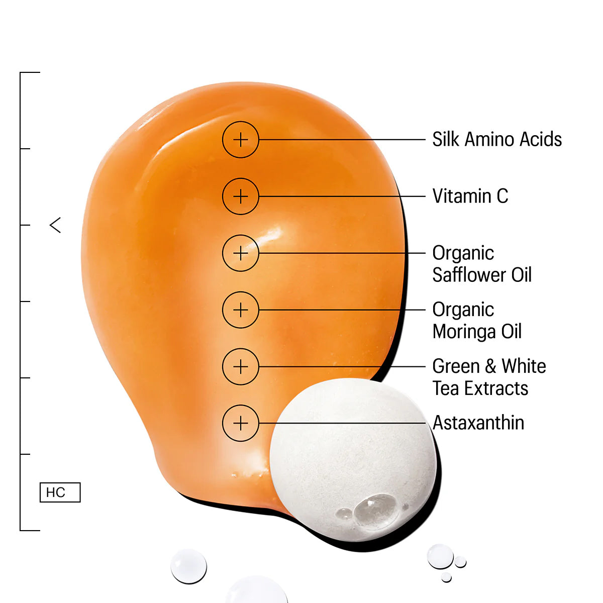 Illustration of an orange and white cosmetic product with labeled ingredients on a white background