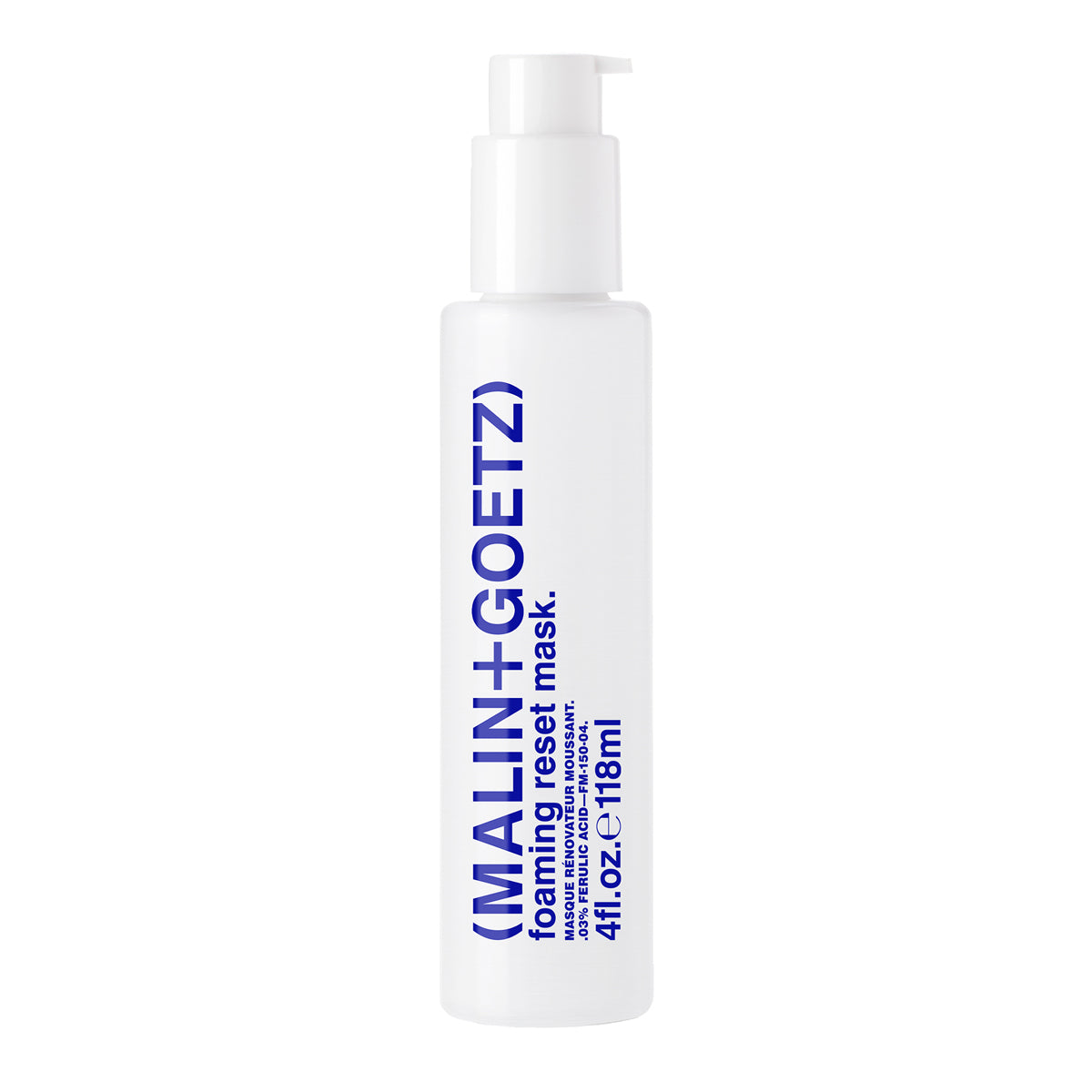A white pump bottle of Malin+Goetz Foaming Reset Mask with blue text, shown on a solid white background.