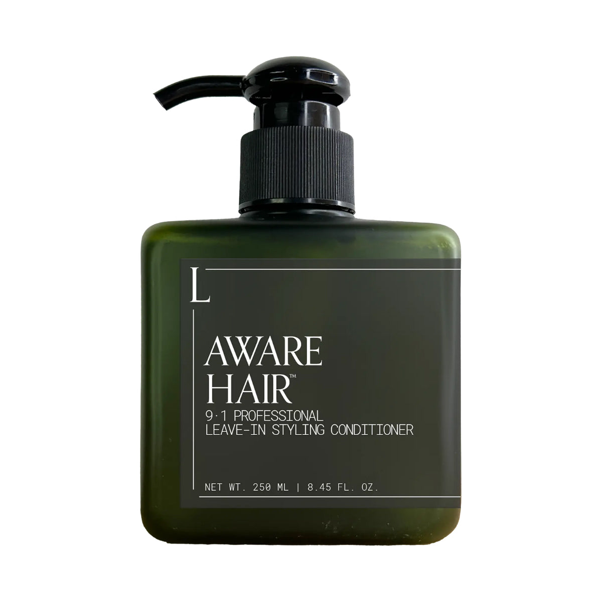 Dark green bottle of 'Aware Hair' leave-in styling conditioner on a white background