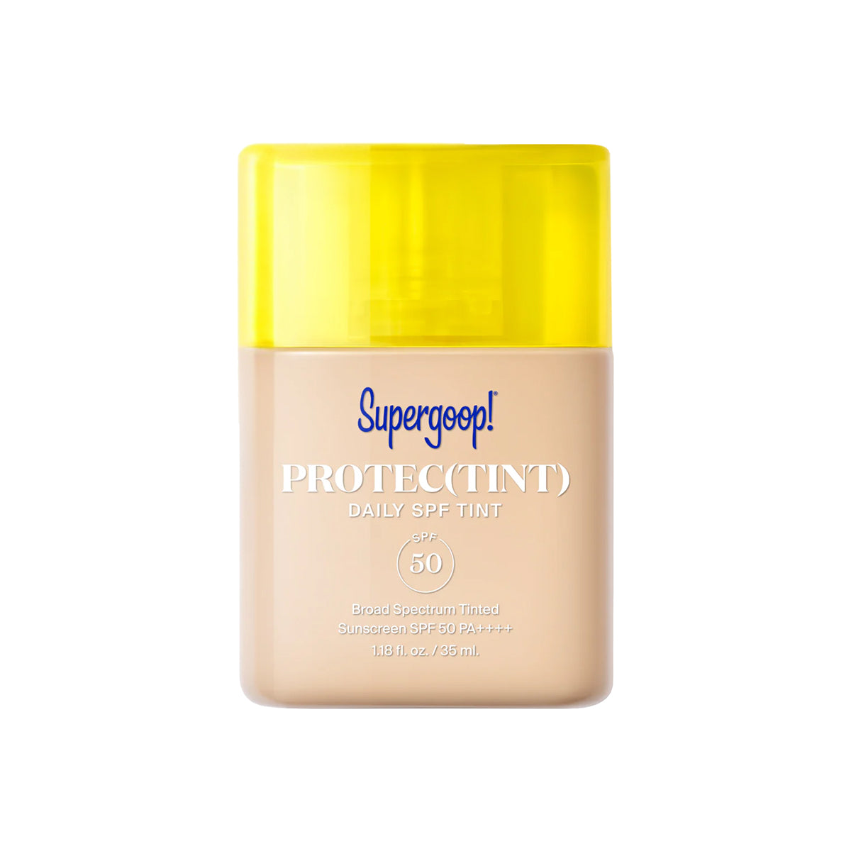 Supergoop! Protec(Tint) Daily SPF Tint with yellow cap on a white background