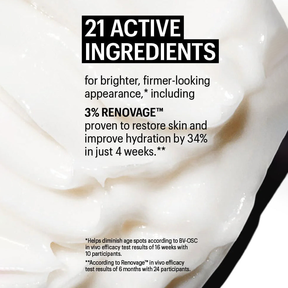 Cosmetic cream with text highlighting 21 active ingredients and a specific ingredient '3% RENOVAGE' for skin improvement.