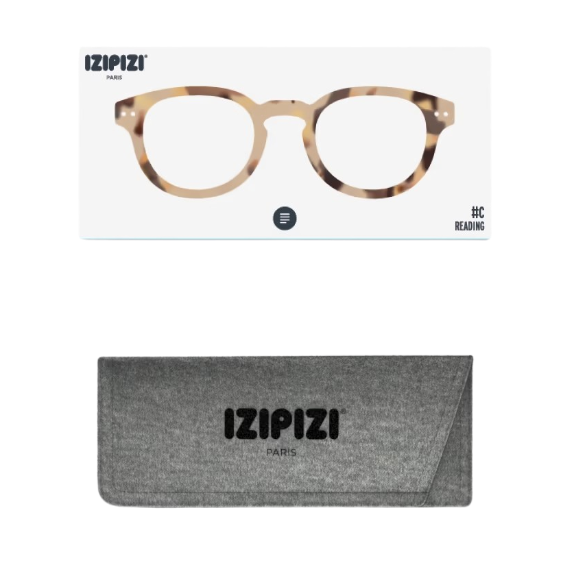 Izipizi eyeglasses with light tortoiseshell frame and gray case on a white background