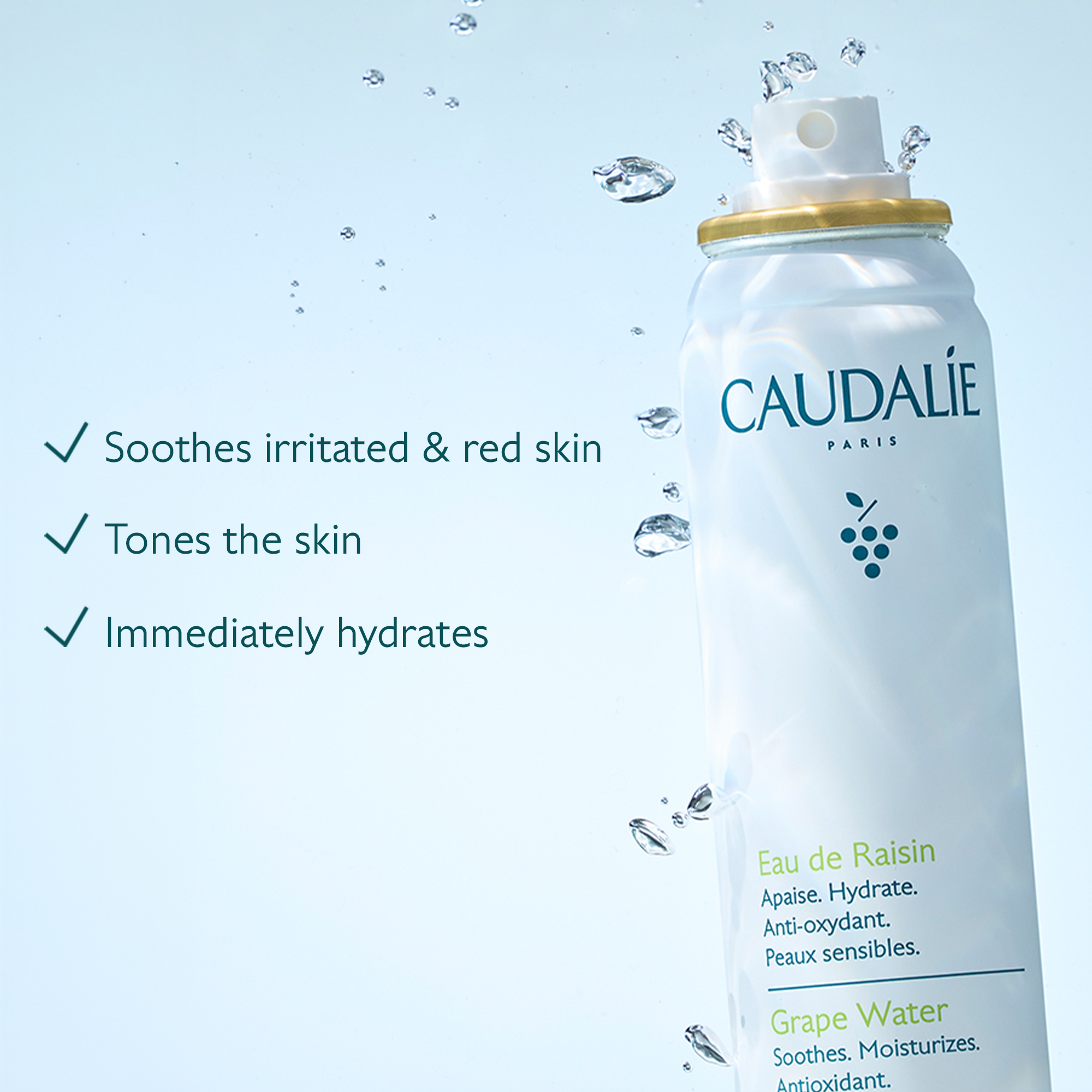Caudéalé skincare product with text highlighting benefits on a light blue background