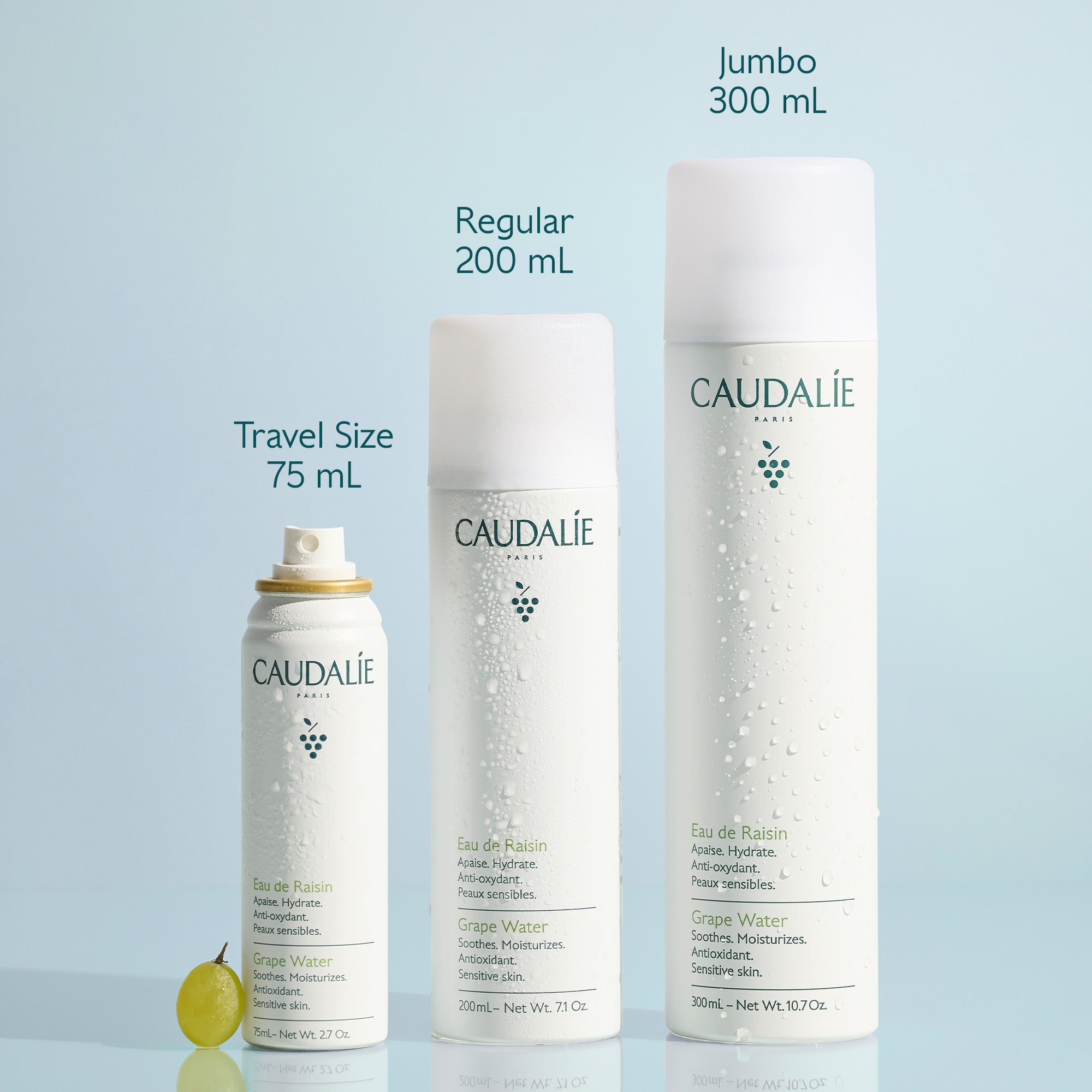 Caudalie skincare products in various sizes on a light blue background