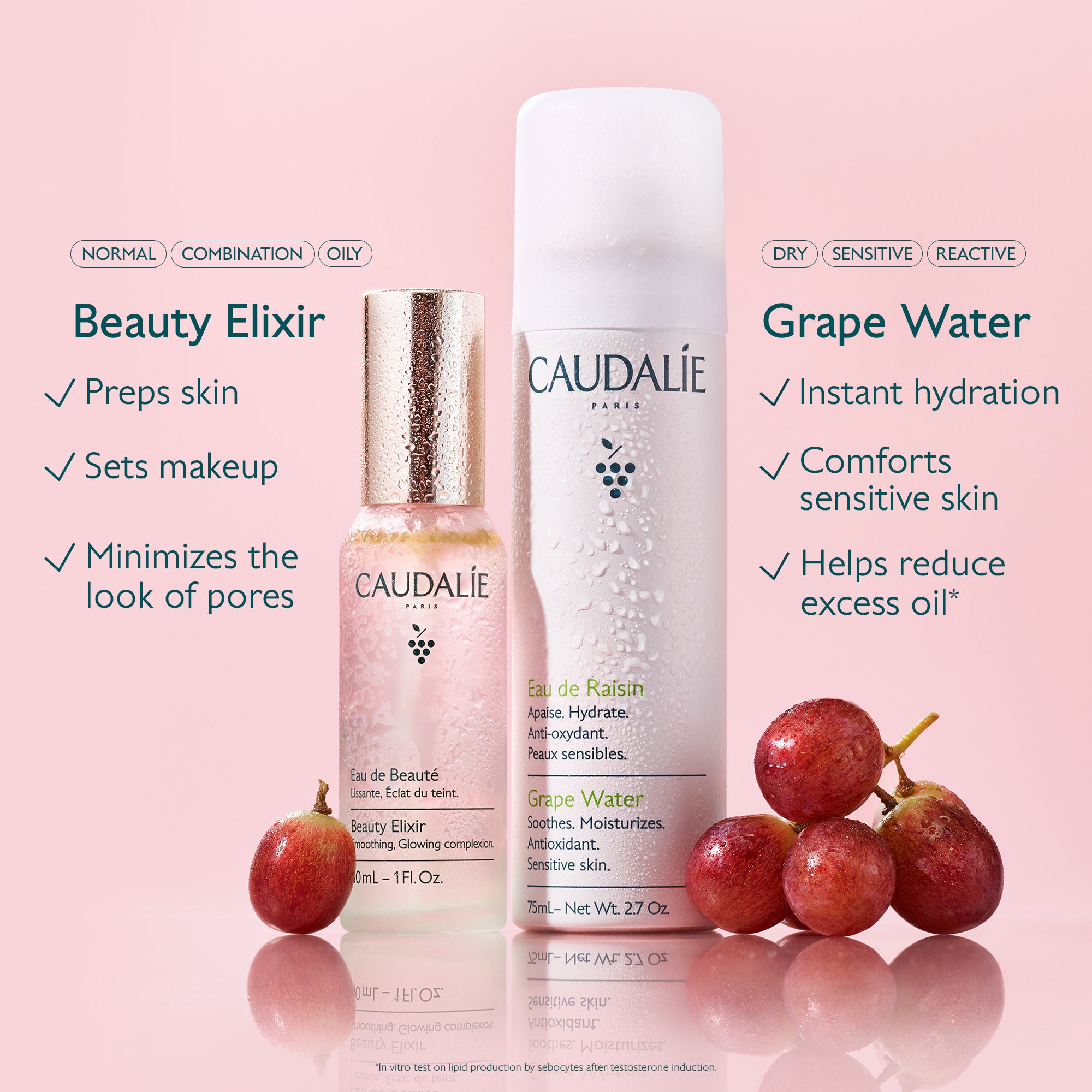 Caudalie skincare products with grape elements on a pink background