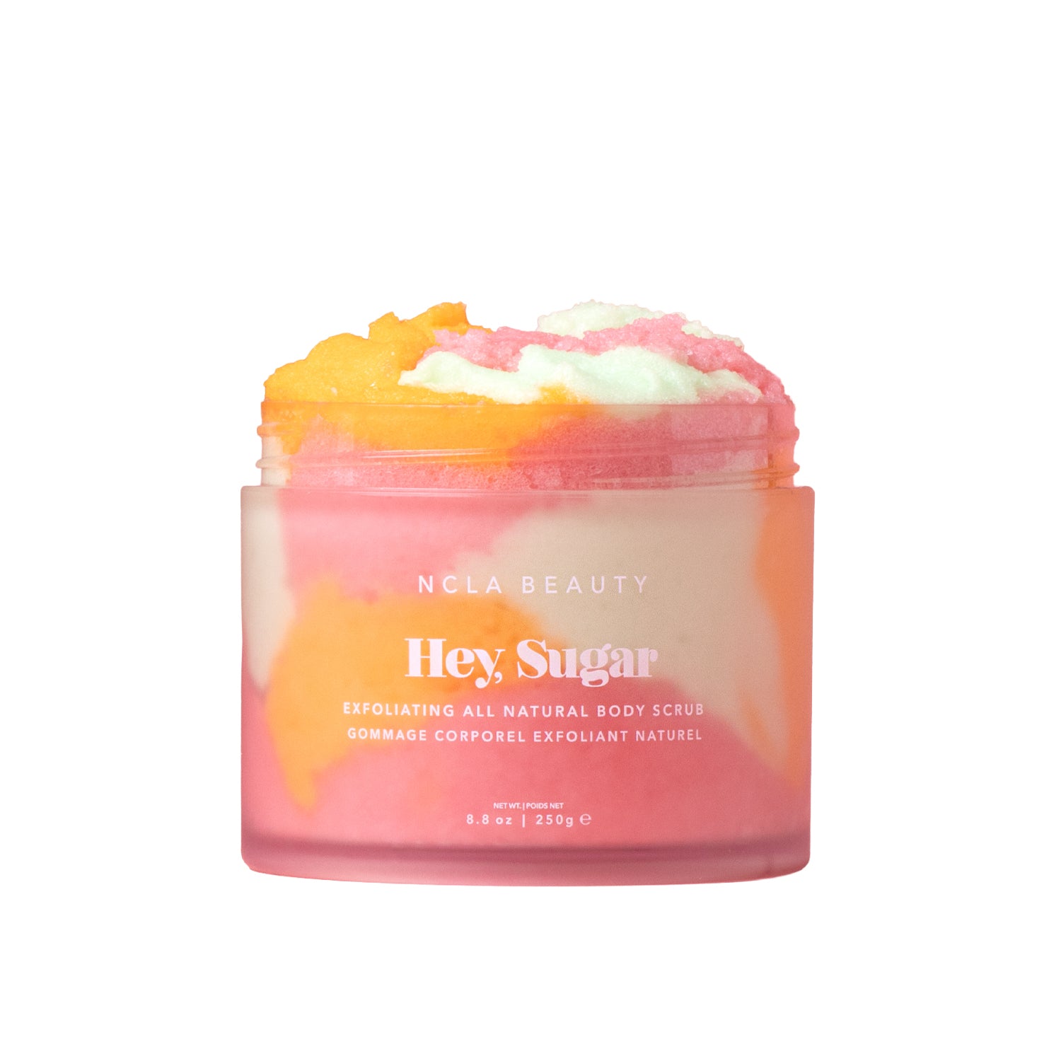 Jar of NCLA Beauty 'Hey Sugar' body scrub with colorful exfoliating scrub on a white background