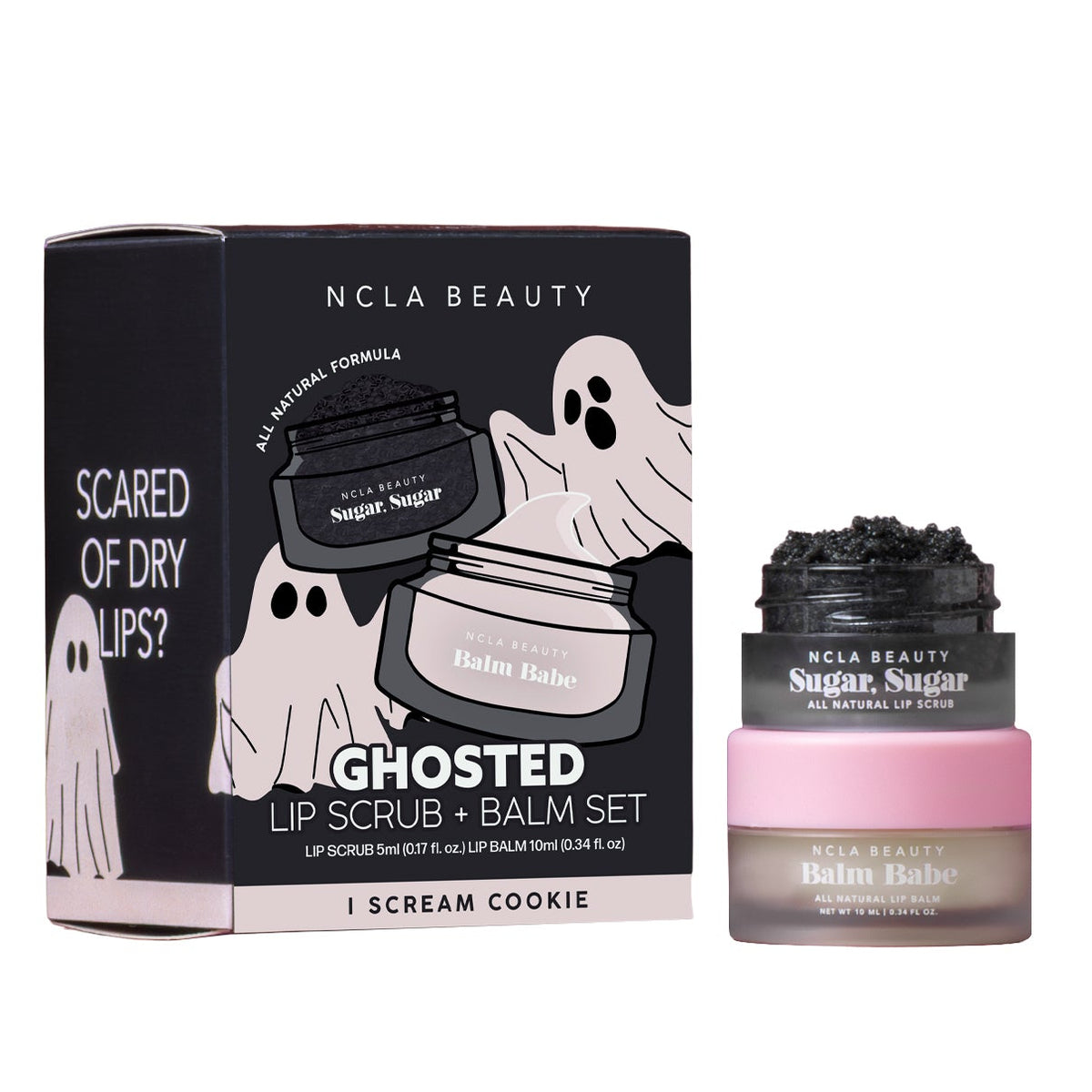 NCLA Beauty Ghosted Lip Scrub + Balm Set in 'I Scream Cookie' flavor, featuring a black box with white ghost illustrations and a jar with a pink lid and dark gray balm visible inside, on a white background.