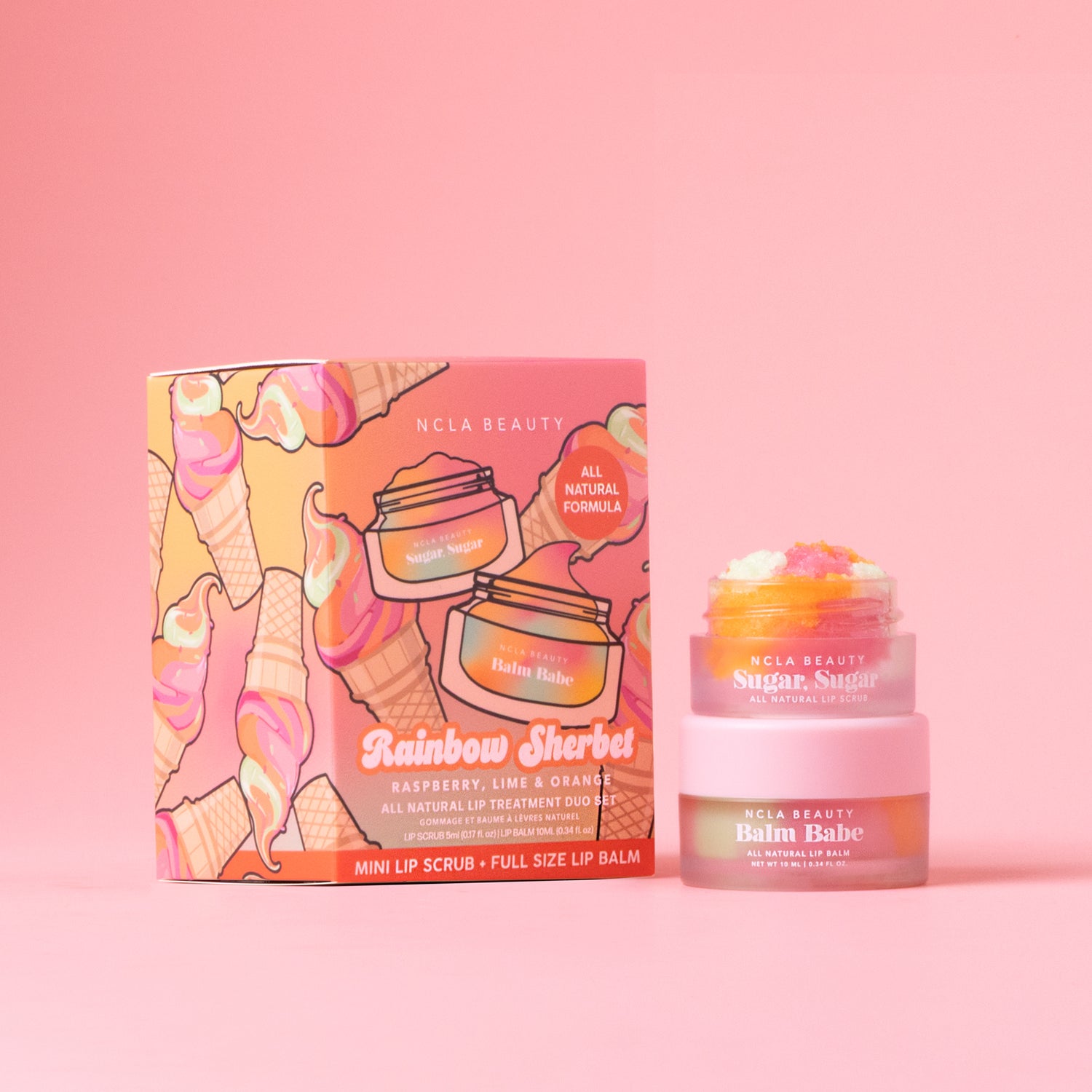 NCLA Beauty lip care set with packaging on a pink background