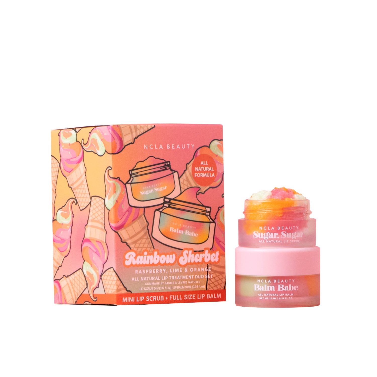 NCLA Beauty lip scrub and lip balm set with packaging on a white background