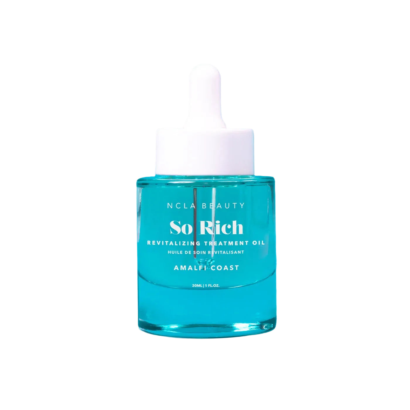 Blue dropper bottle with white cap on a white background