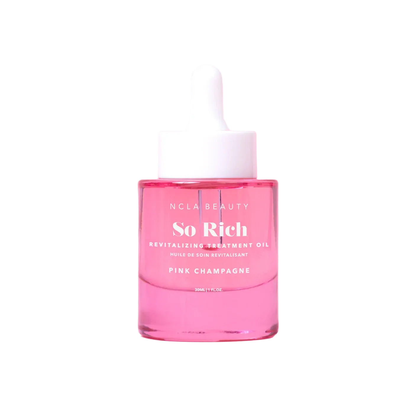 Pink bottle of NCLA Beauty 'So Rich' oil on a white background