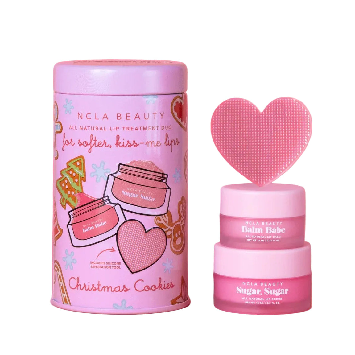 NCLA Beauty lip balm set with a pink heart-shaped lip scrubber on a white background.