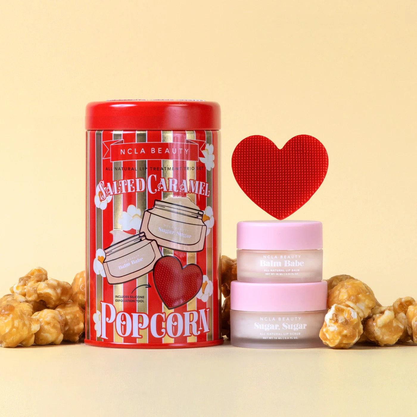 NCLA Beauty salted caramel popcorn-themed product with heart and popcorn on a beige background
