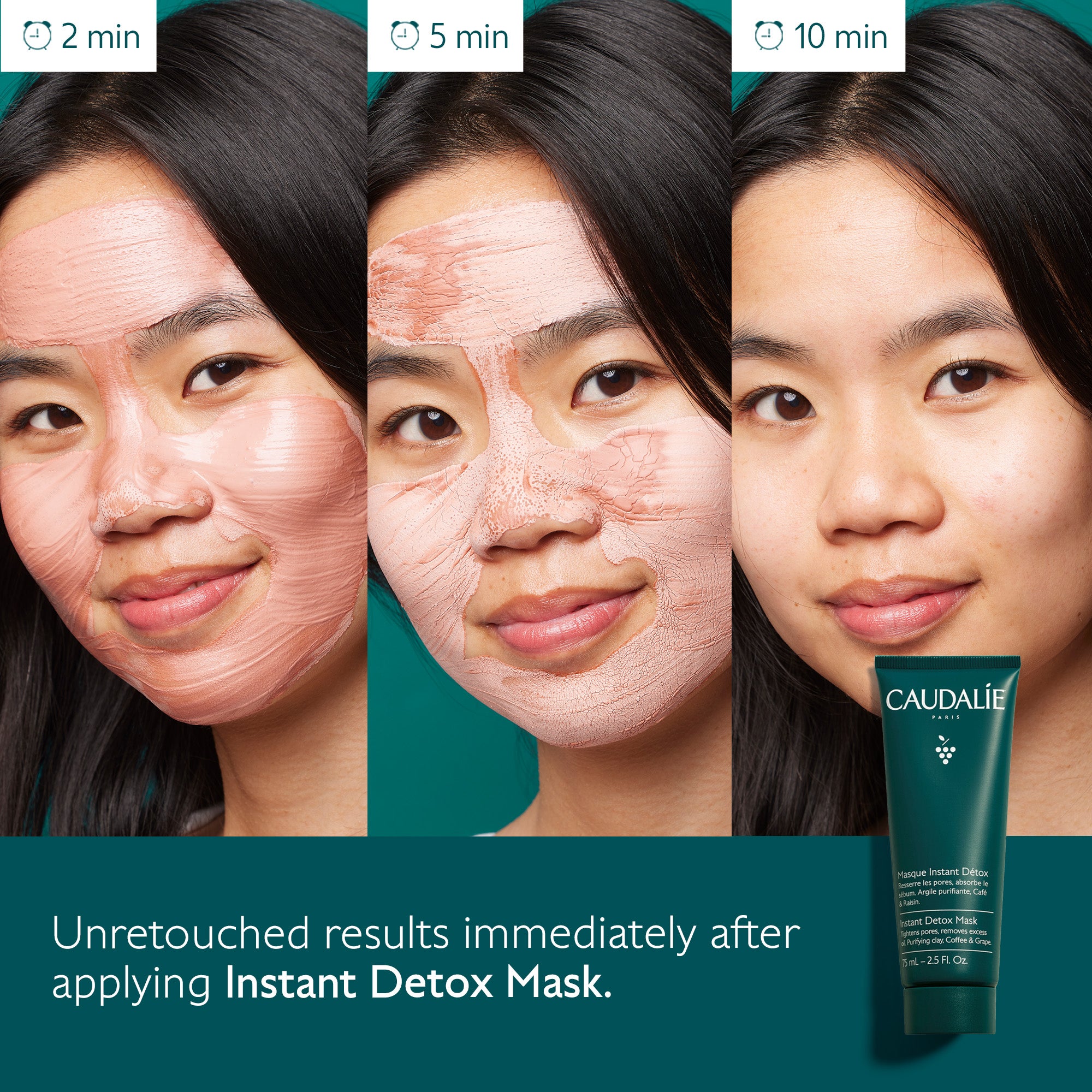 Before and after effects of applying an Instant Detox Mask by Caudalie on a woman's face.