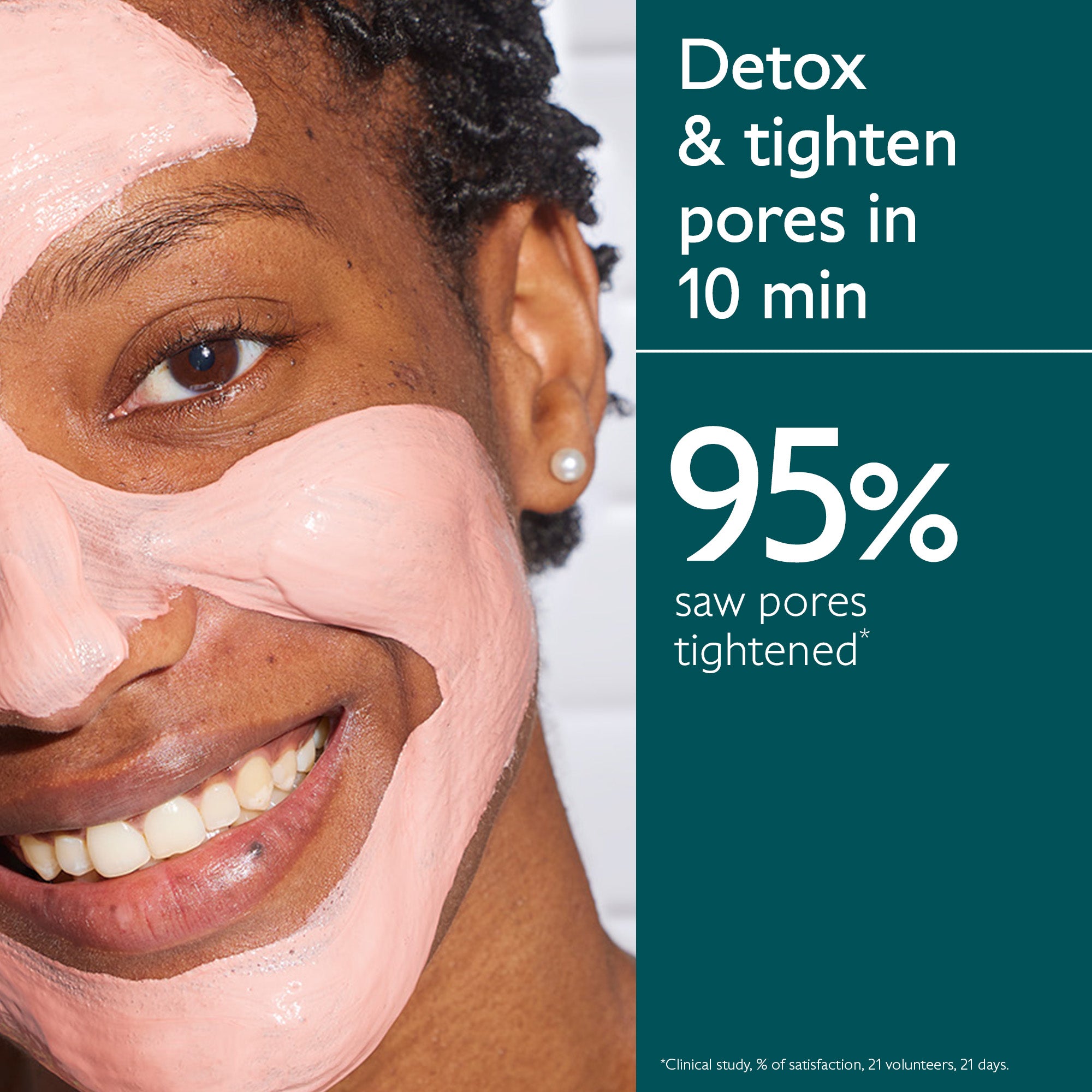 Person applying a face mask with text claiming pore tightening benefits.