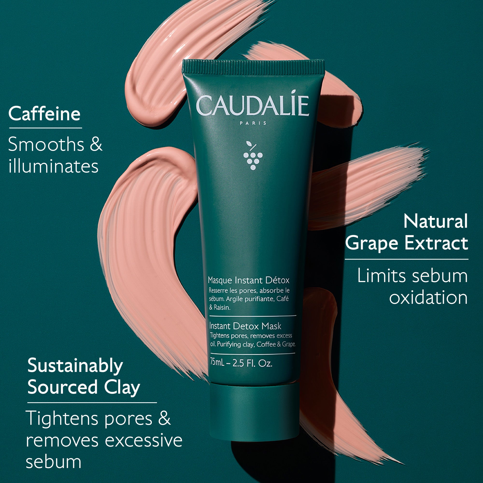 Caudélie skincare mask with product details on a teal background