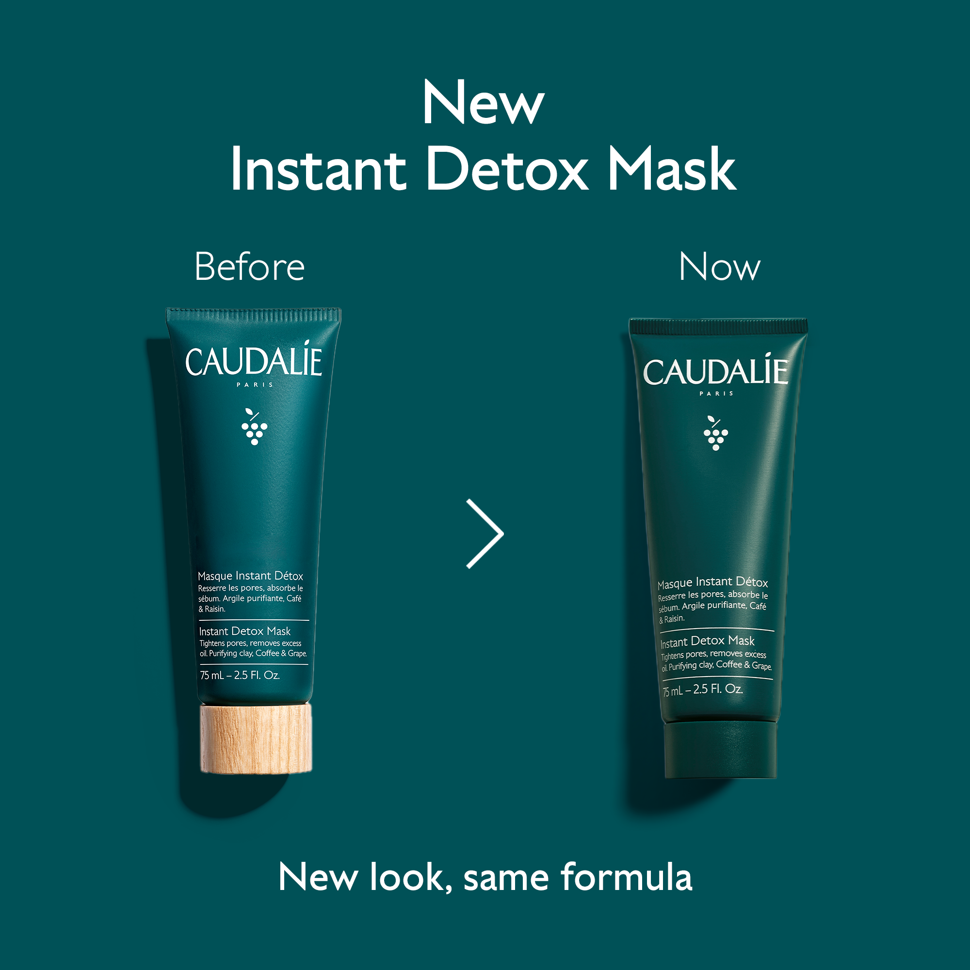Caudélé Instant Detox Mask packaging comparison on a teal background