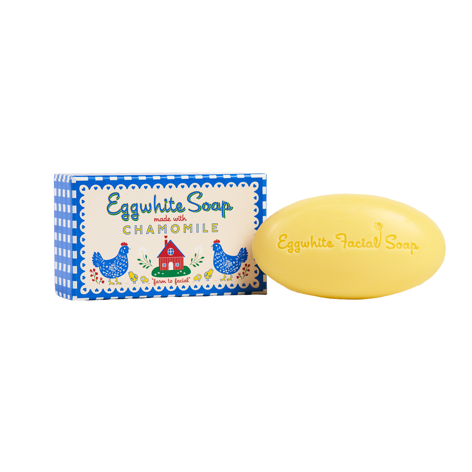 Eggwhite Soap with chamomile next to its packaging on a white background
