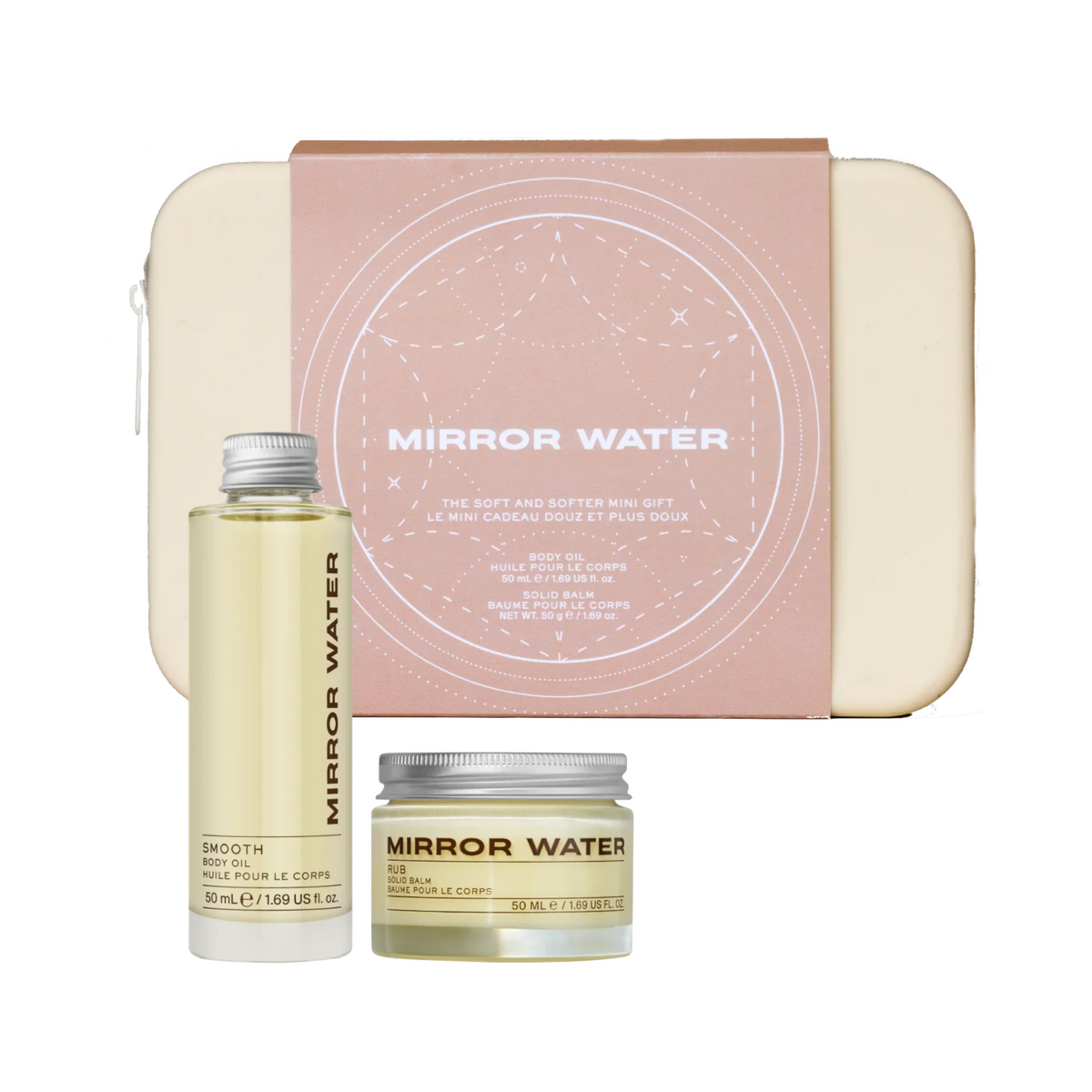 Mirror Water body care gift set featuring a beige zippered case with a dusty pink paper band, a clear bottle of Smooth Body Oil, and a jar of Mirror Water Body Butter, all on a white background.