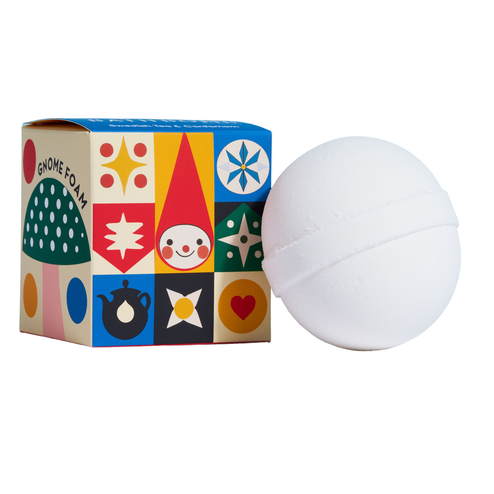 White Bath Bomb next to a colorful gnome box on a white background