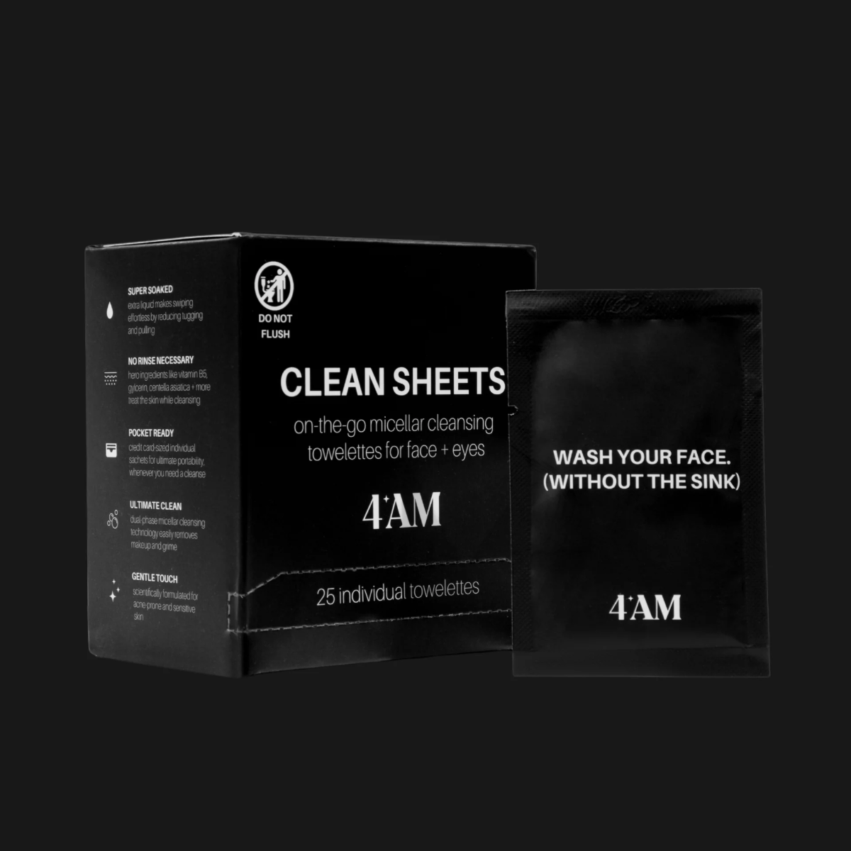 4AM Clean Sheets packaging on a black background