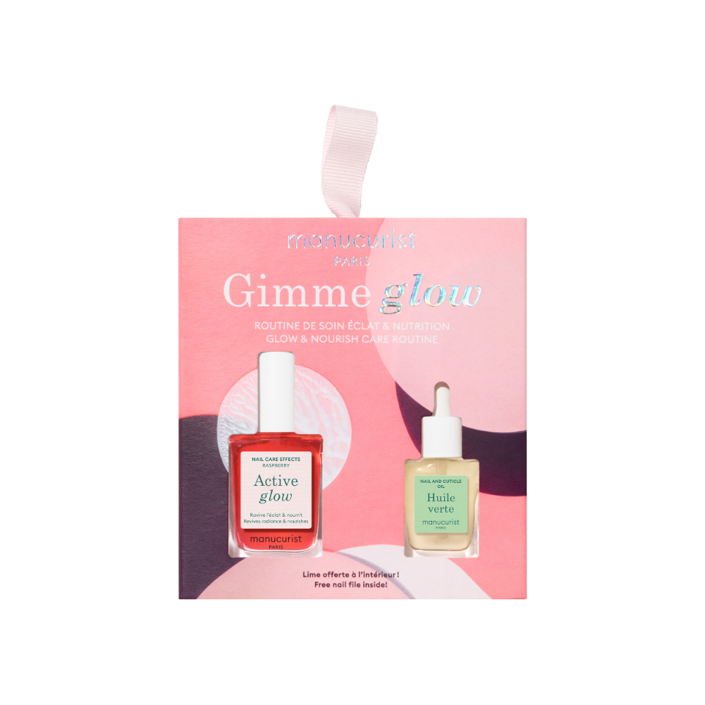 Manucurist Gimmie Glow packaging labeled Active glow and Huile verte