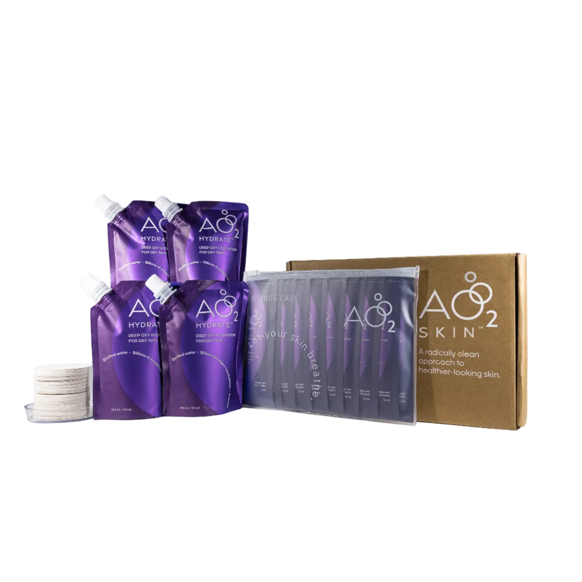 AO2 skincare products including purple pouches and a cardboard box on a white background