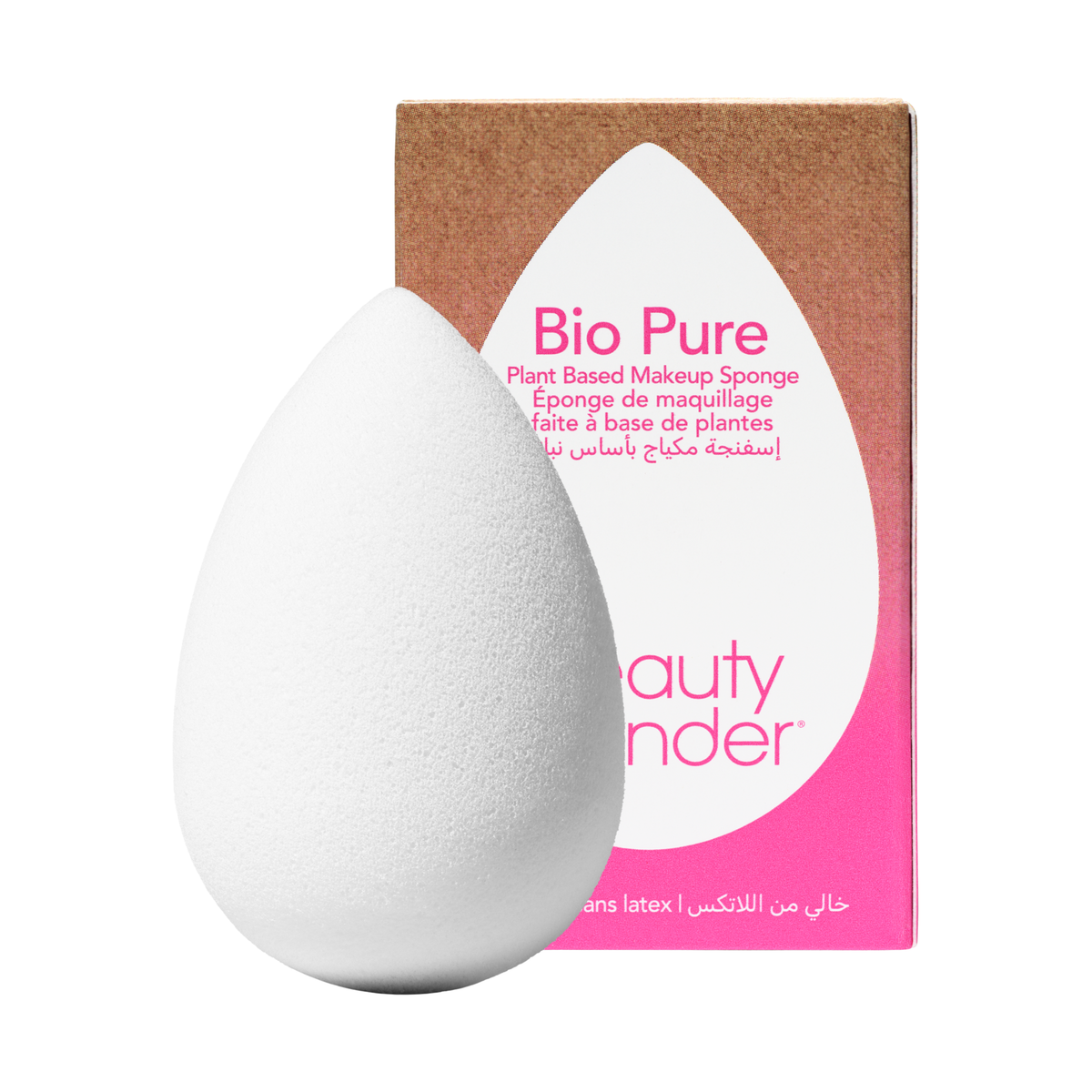 A teardrop-shaped white makeup sponge in front of its brown and pink Beauty Blender Bio Pure product box, set against a plain white background.