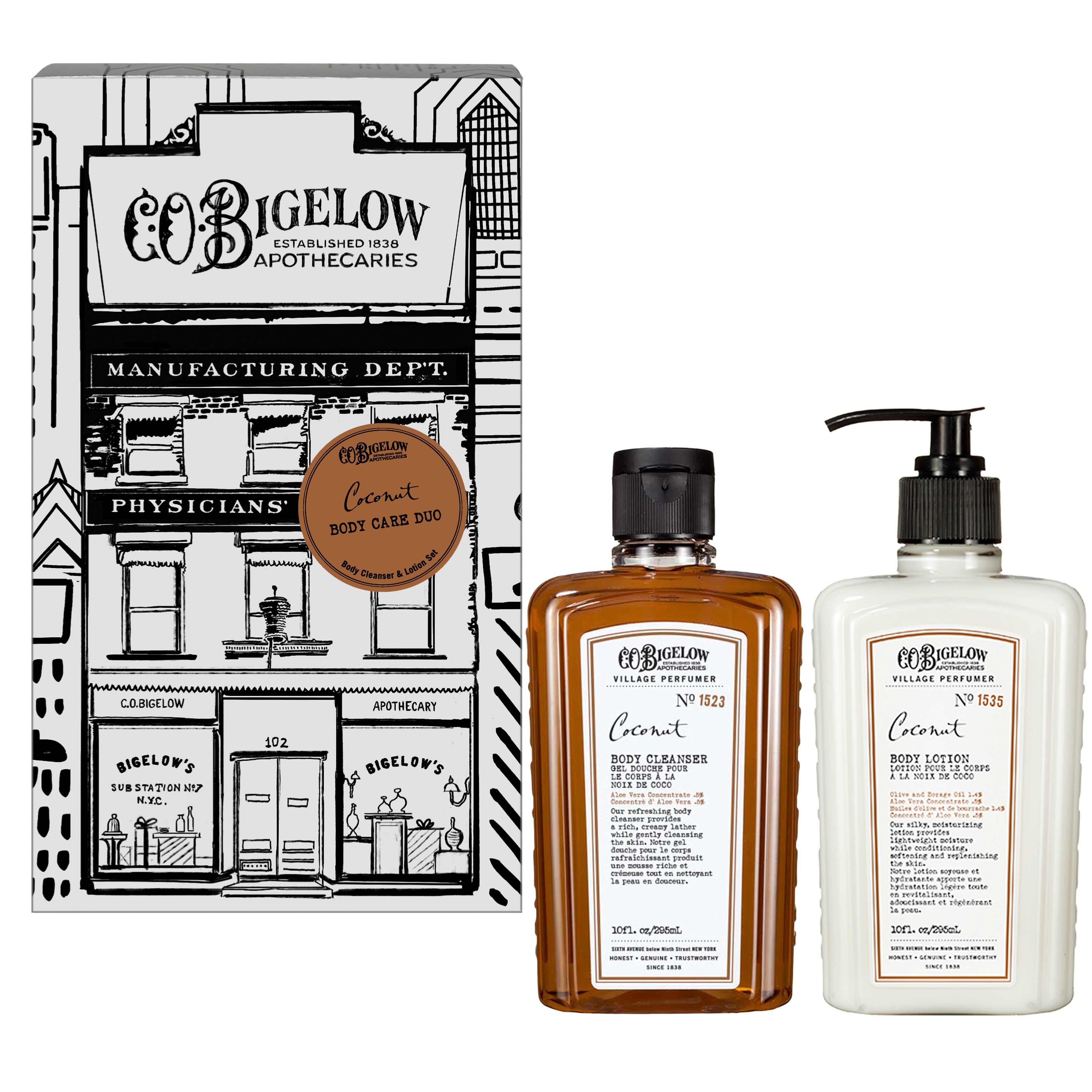 Two bottles of C.O. Bigelow body care products with a branded box on a white background.