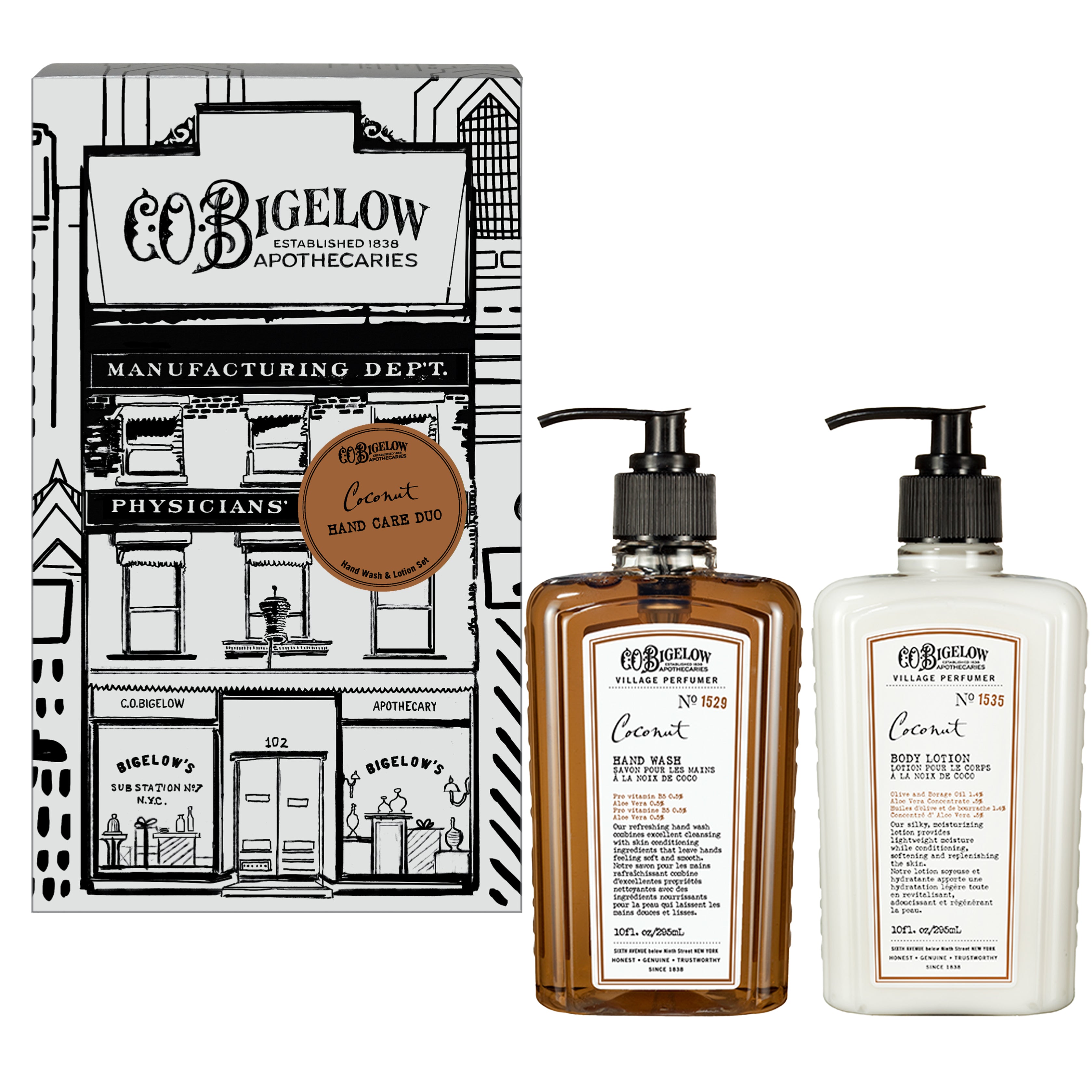 Two bottles of CO. Bigelow V Coconut hand care products with a branded box on a white background.