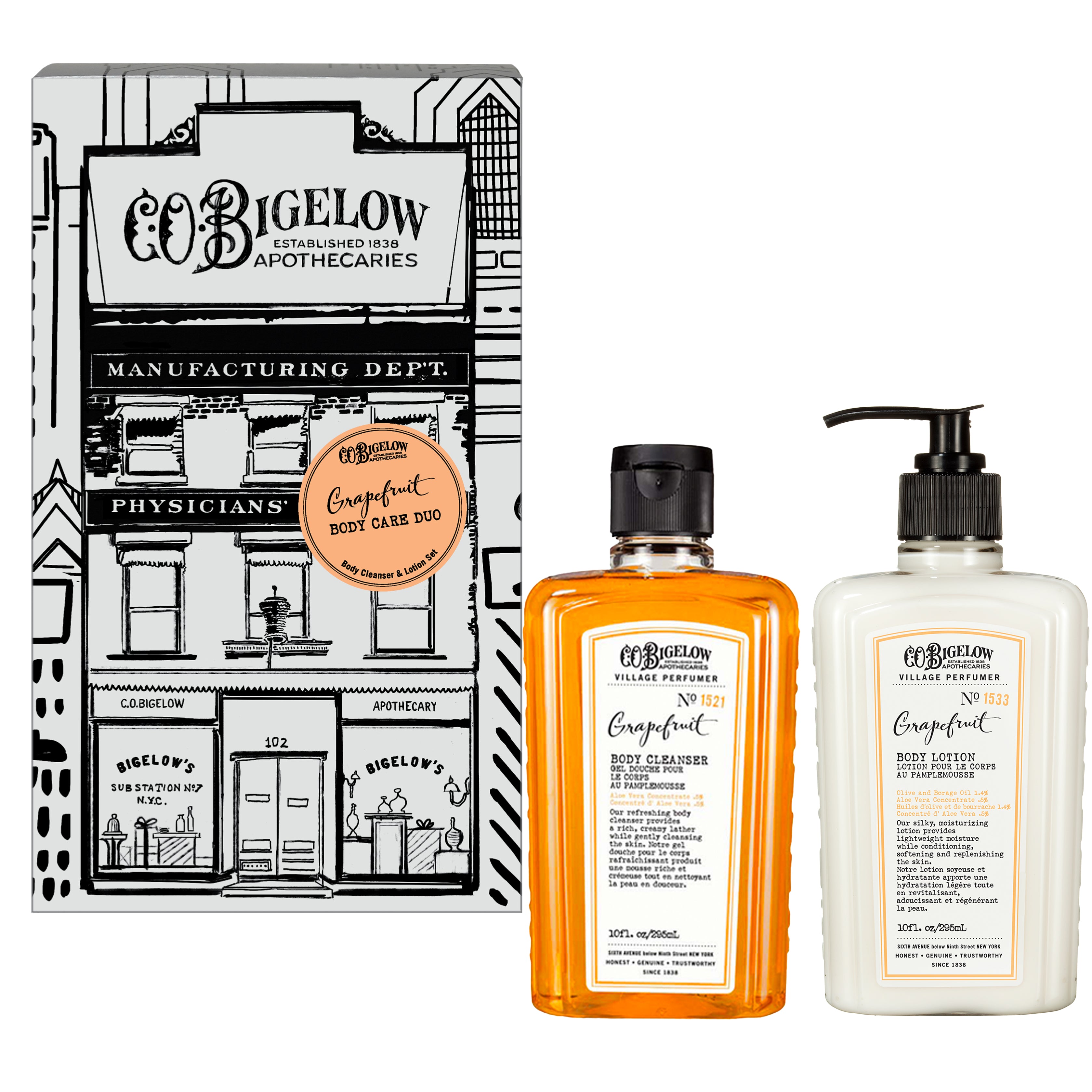 Two bottles of CO Bigelow Grapefruit Body Cleanser and Lotion on a decorative box with black and white line art.