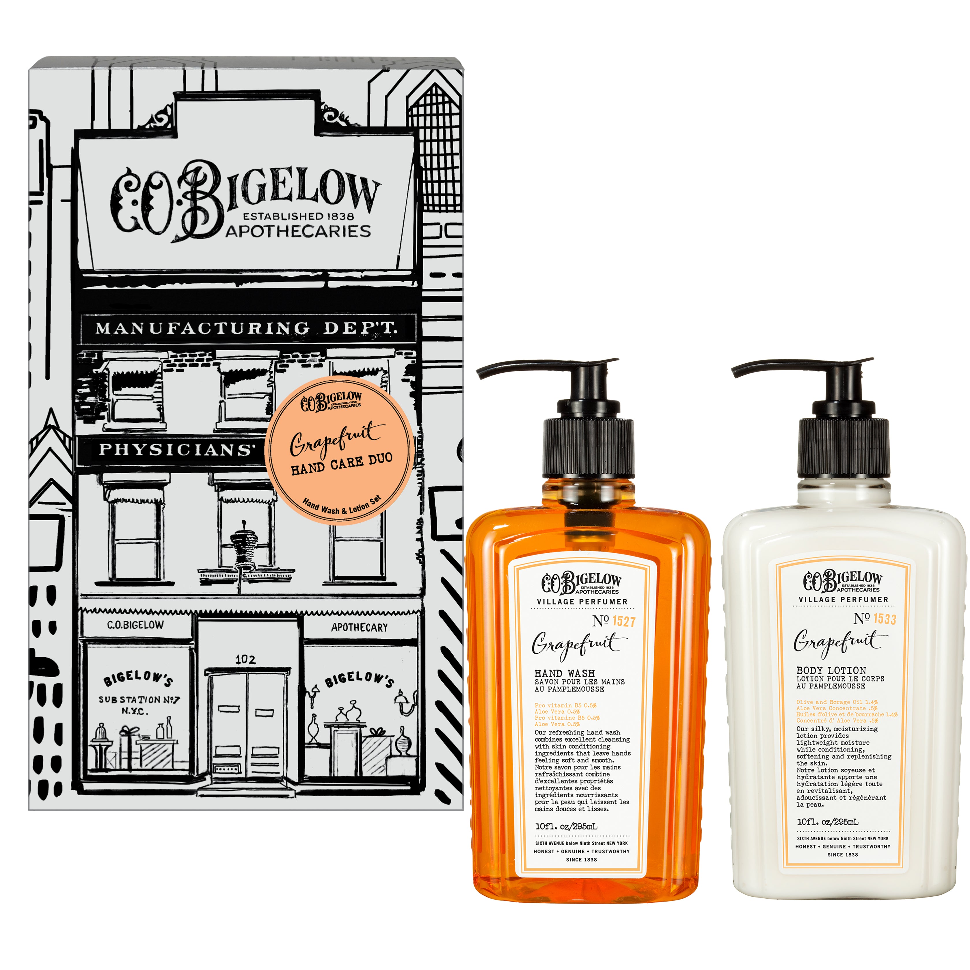 Two bottles of C.O. Bigelow Grapefruit Hand Care  products with a branded box on a white background