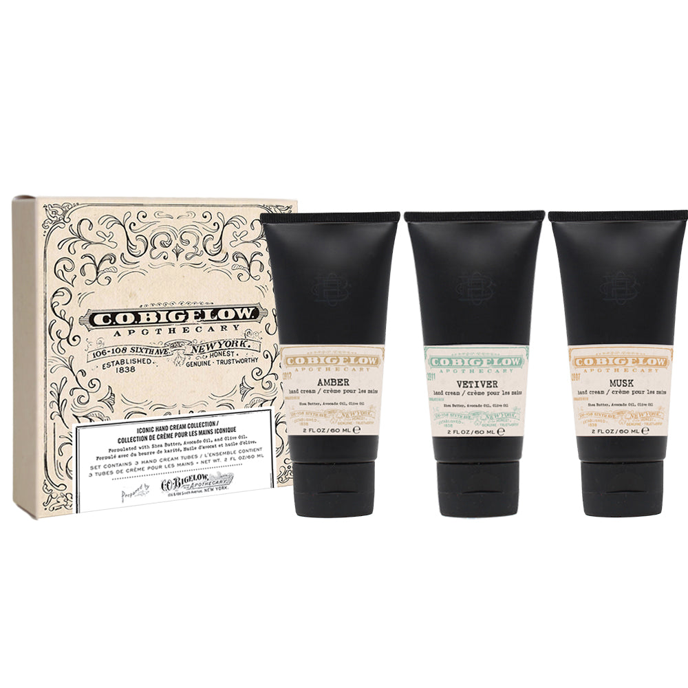 Set of Co Bigelow hand cream tubes with packaging on a white background