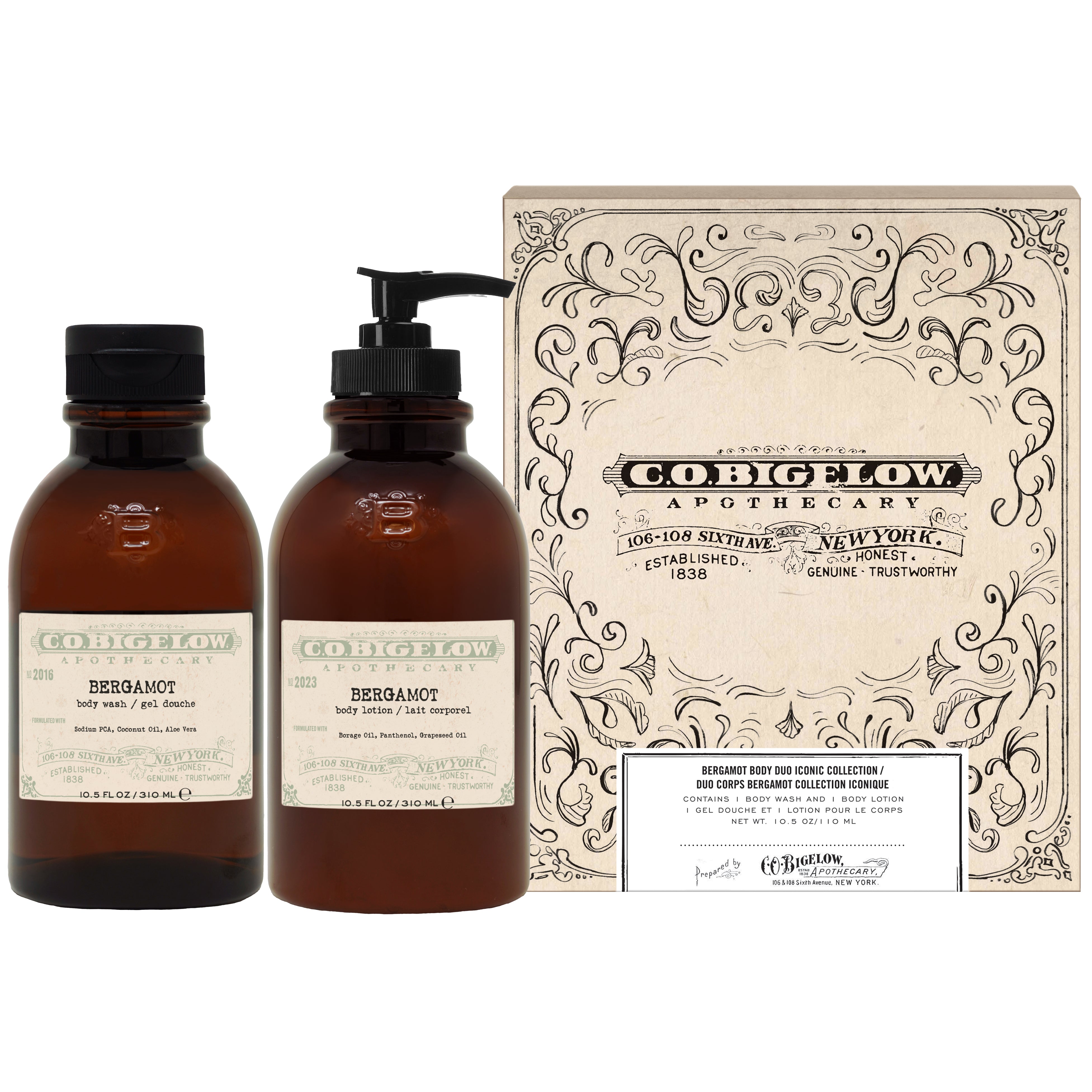 Two amber bottles with pump dispensers and a decorative box labeled 'Co. Bigelow Apothecary' on a white background.