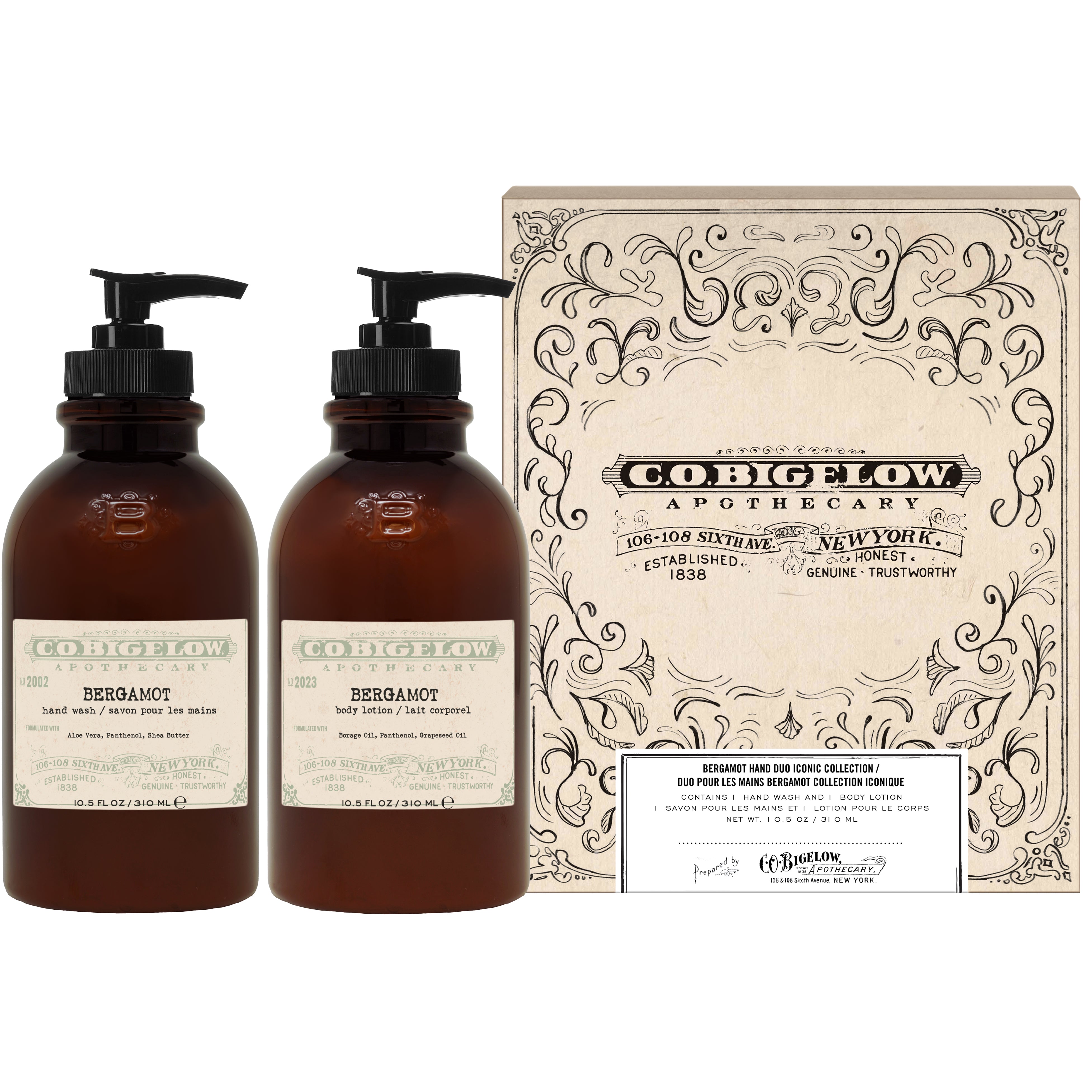 Two brown bottles with pump dispensers and a decorative box labeled 'Co. Bigelow Apothecary' on a white background.