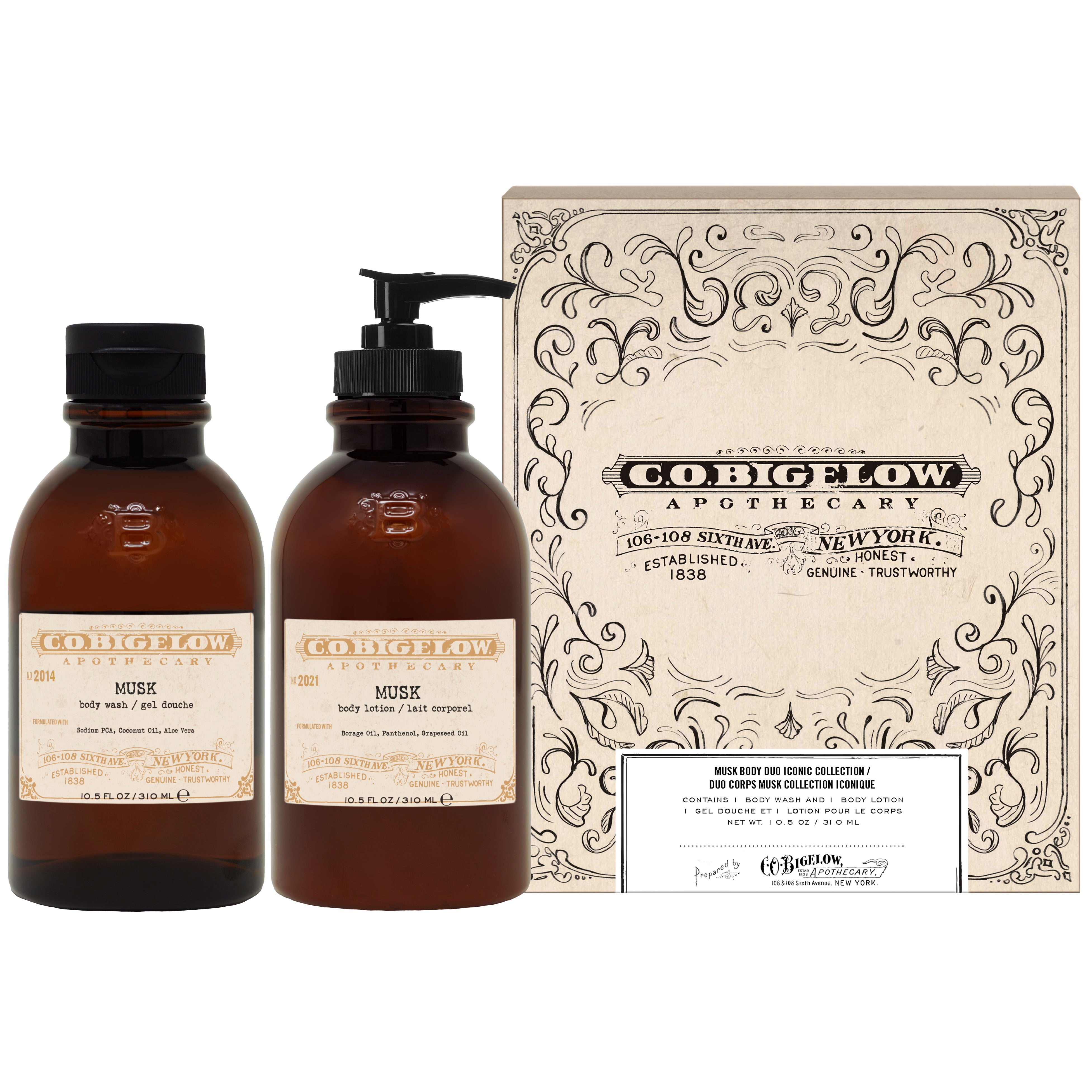 CO Bigelow Musk Body Lotion and Body Wash in amber bottles alongside its packaging on a white background 