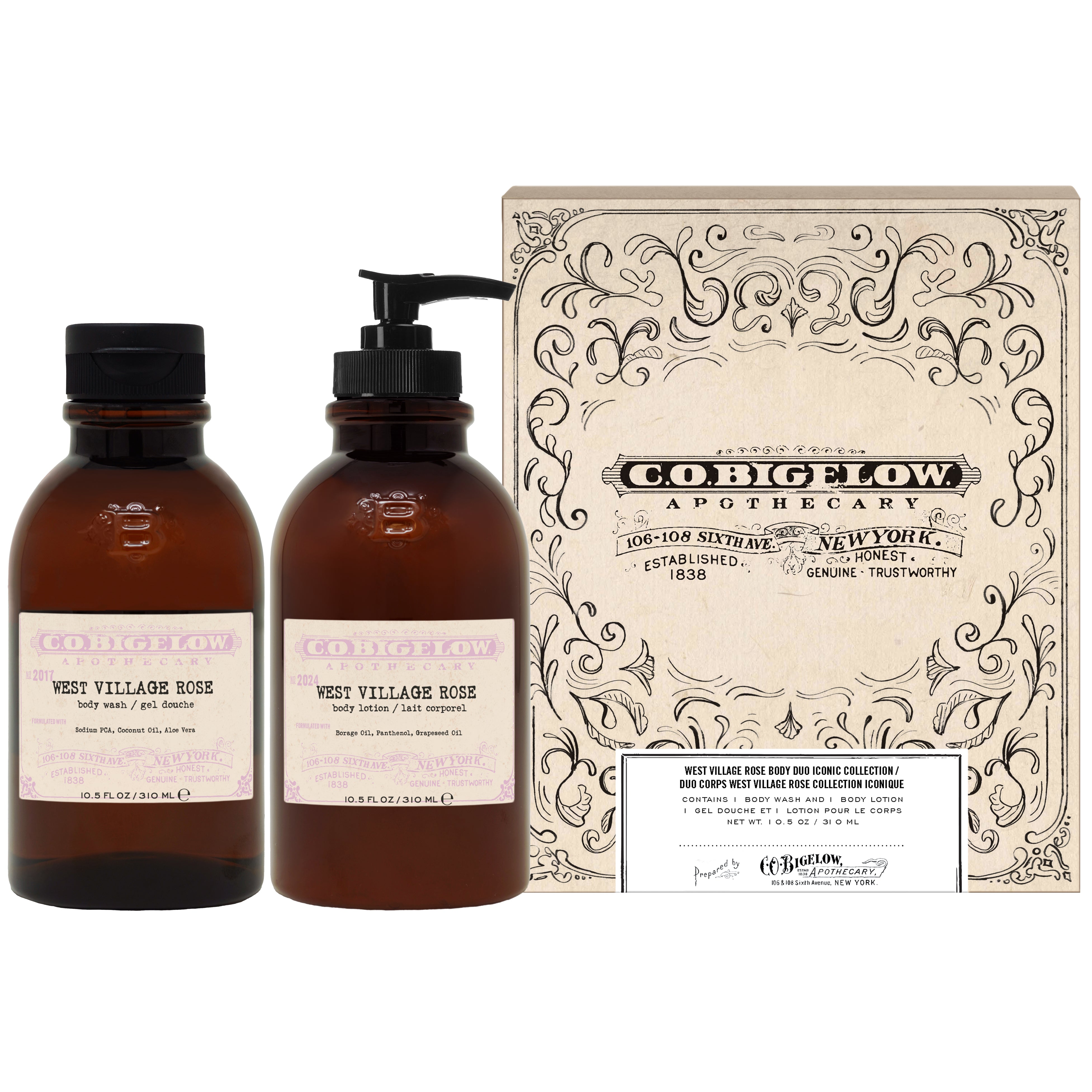 CO Bigelow West Village Body Lotion and Body Wash set alongside its packaging on a white background 