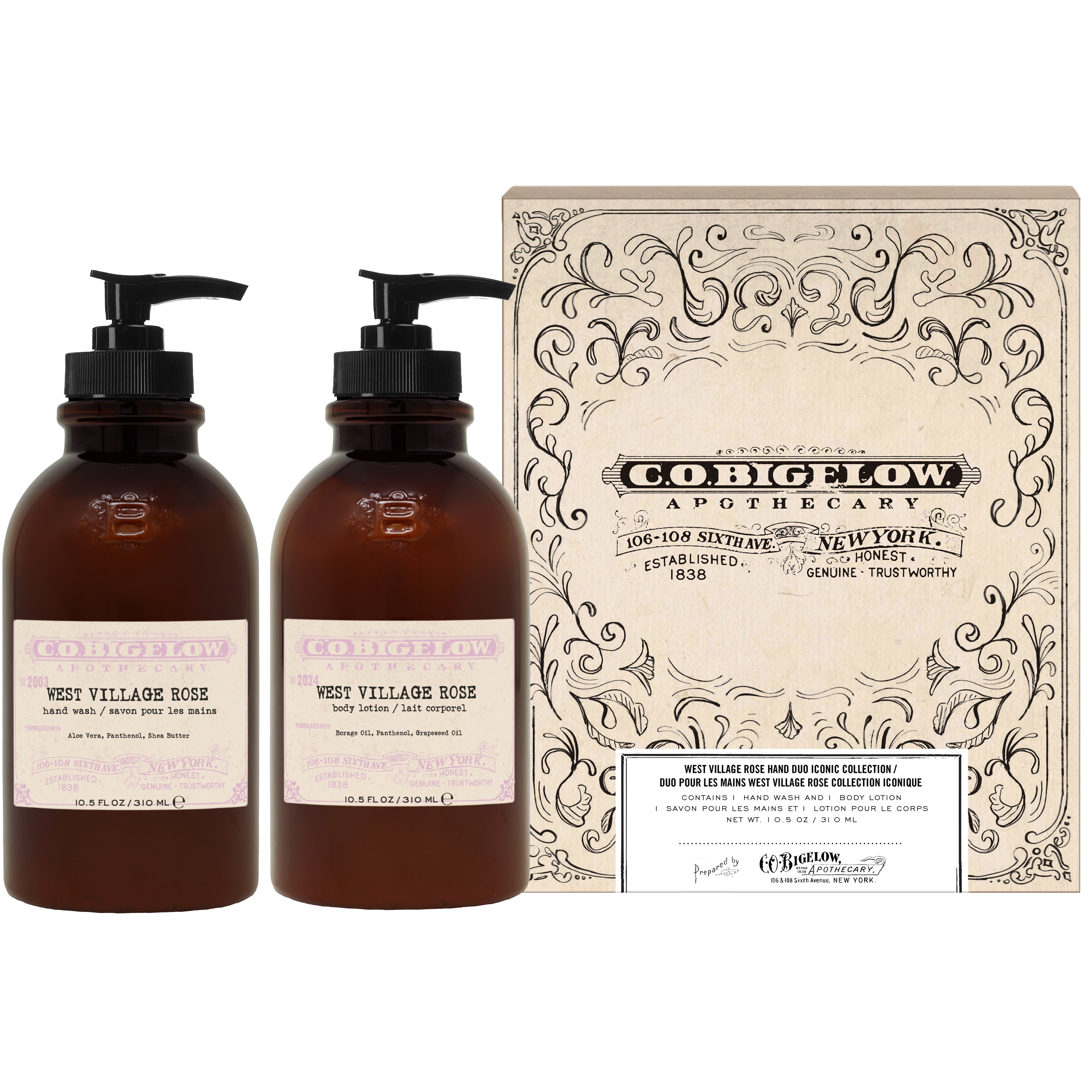 CO Bigelow West Village Body Lotion and Hand Wash set alongside its packaging on white background 