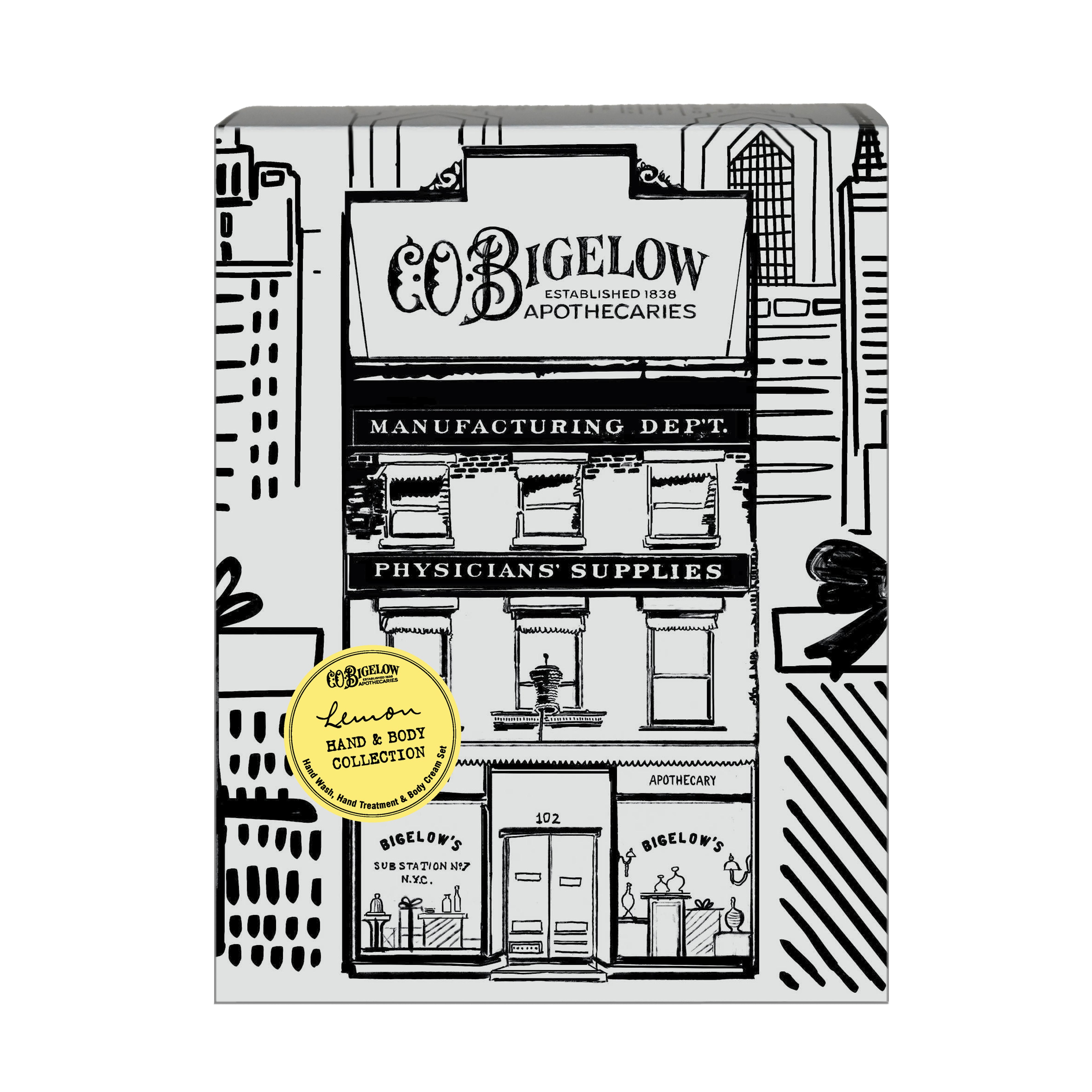 Bigelow Apothecaries Lemon Body Set packaging with black and white building illustration and yellow label.