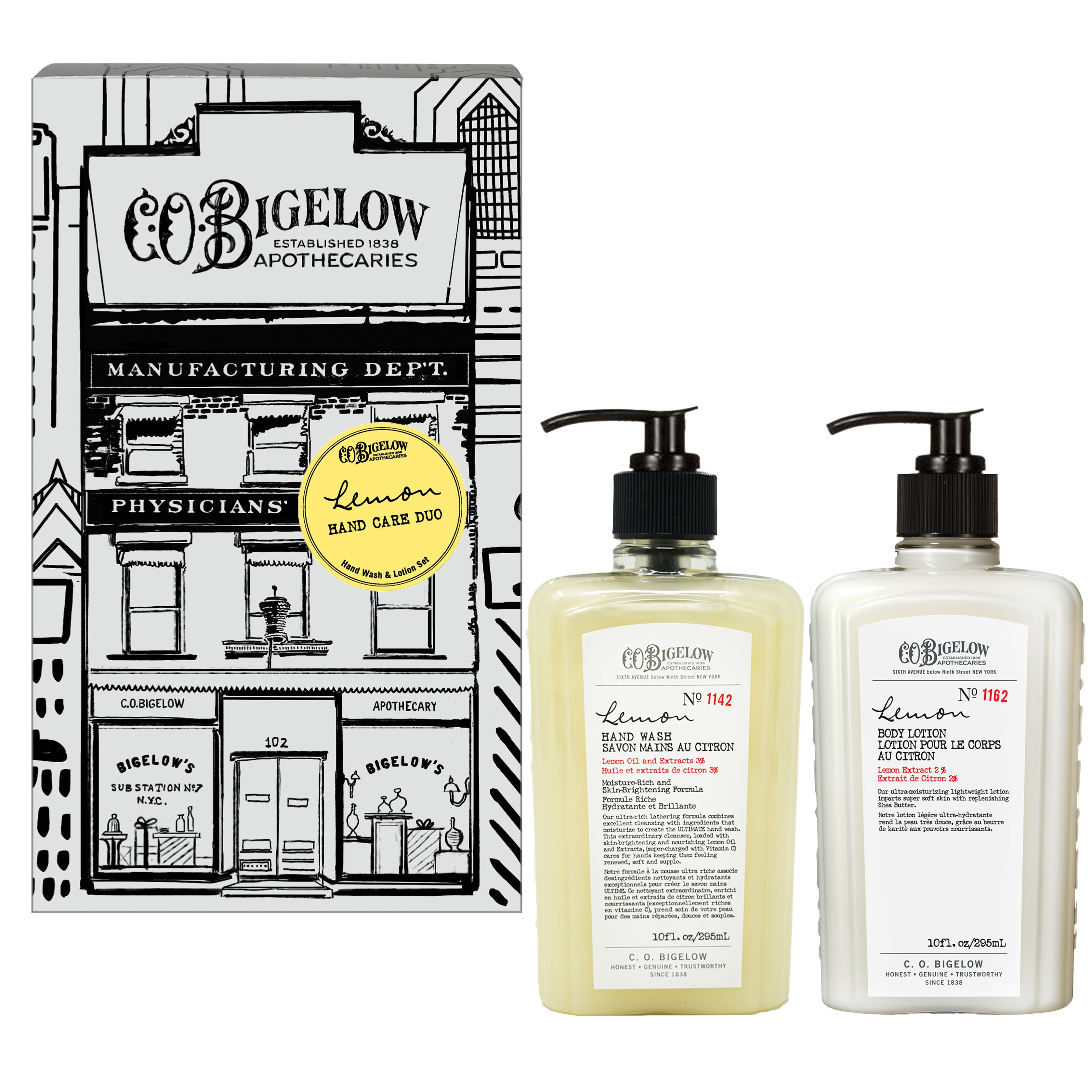 C.O. Bigelow hand care set with lemon body lotion and hand wash bottles and a branded box on a white background
