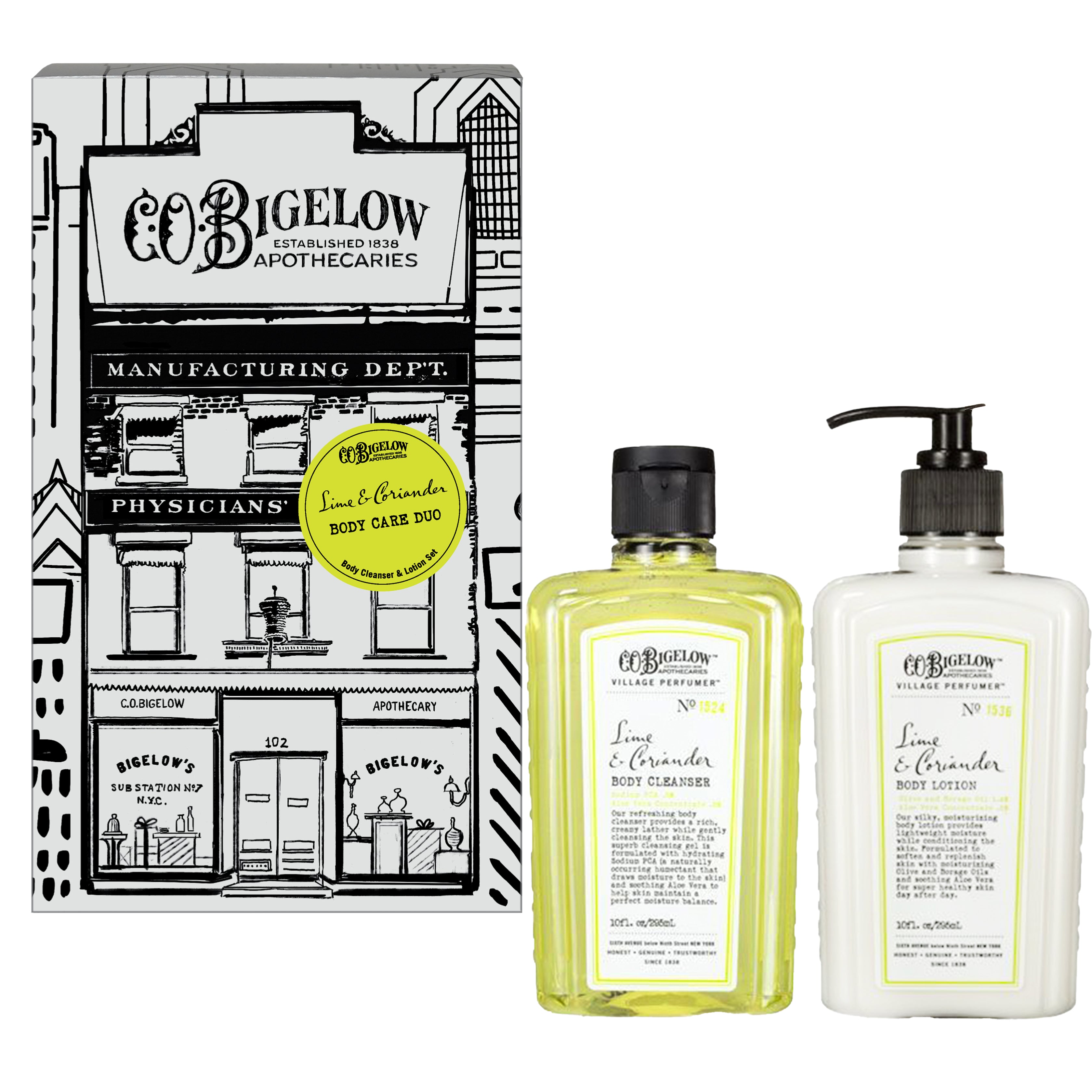 CO Bigelow Lime and Coriander Body care duo and box packaging on white background 